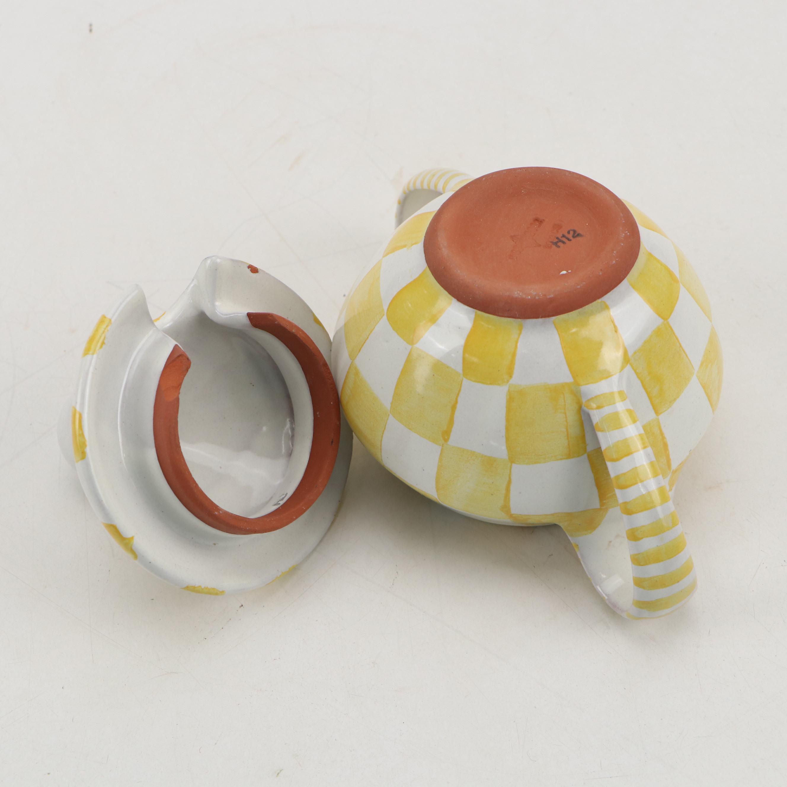 MacKenzie-Childs Hand-Painted Yellow and White Check Tea Set, 2002