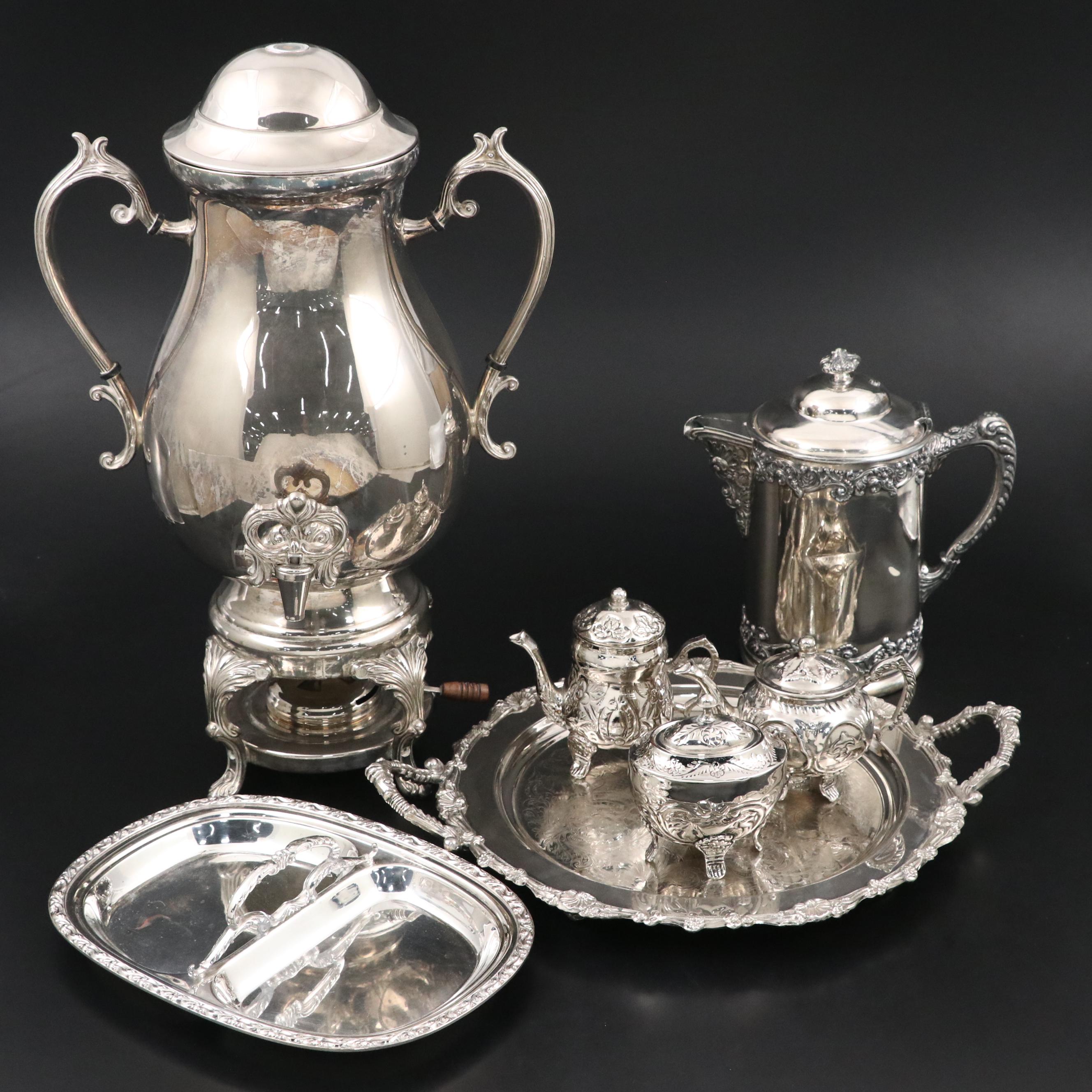 Wm. A. Rogers Silver Plate Tray with Samovar and Other Tea and Coffee Sets