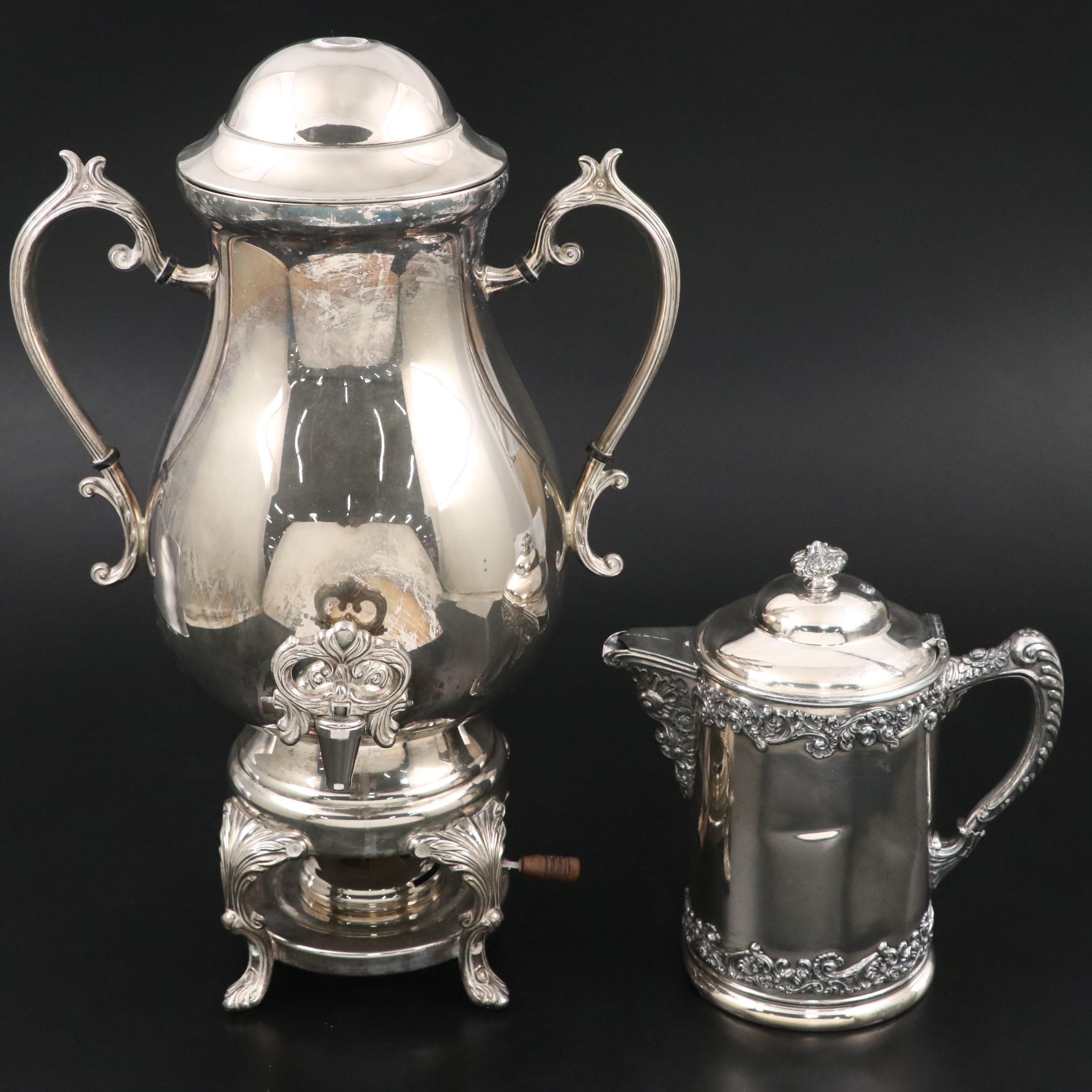 Wm. A. Rogers Silver Plate Tray with Samovar and Other Tea and Coffee Sets