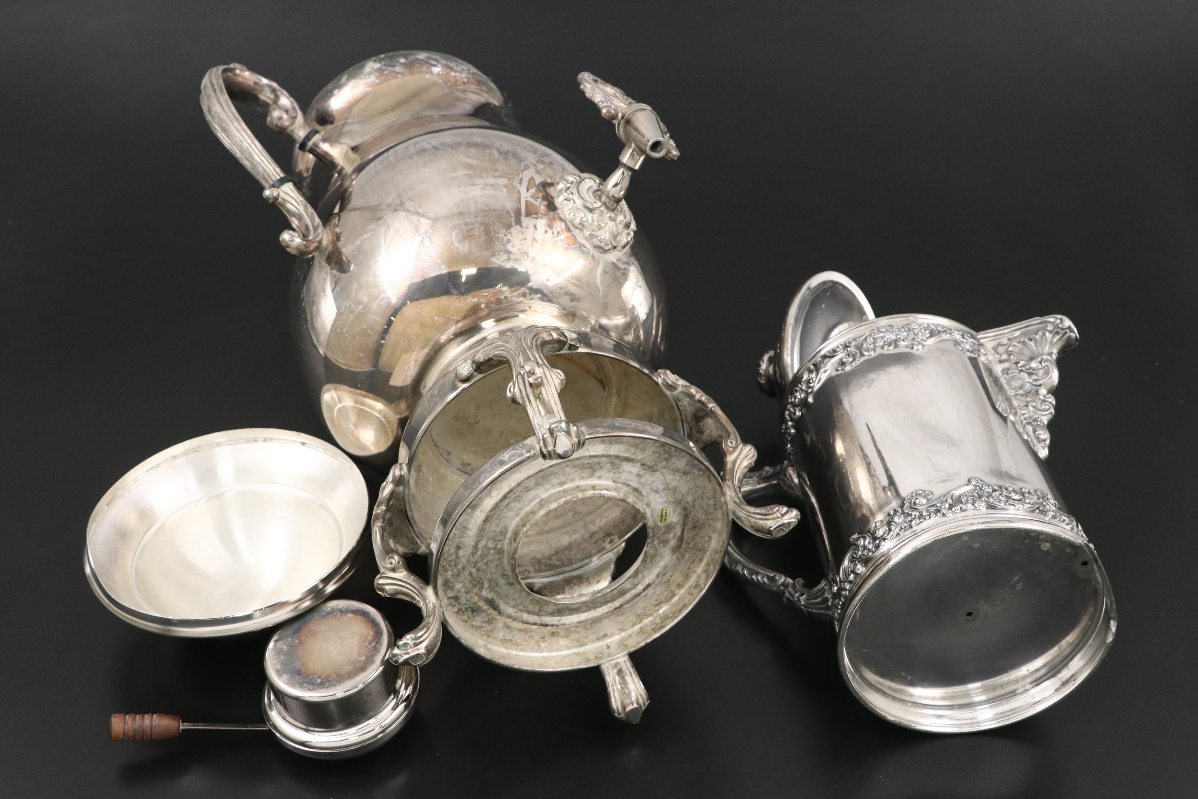 Wm. A. Rogers Silver Plate Tray with Samovar and Other Tea and Coffee Sets