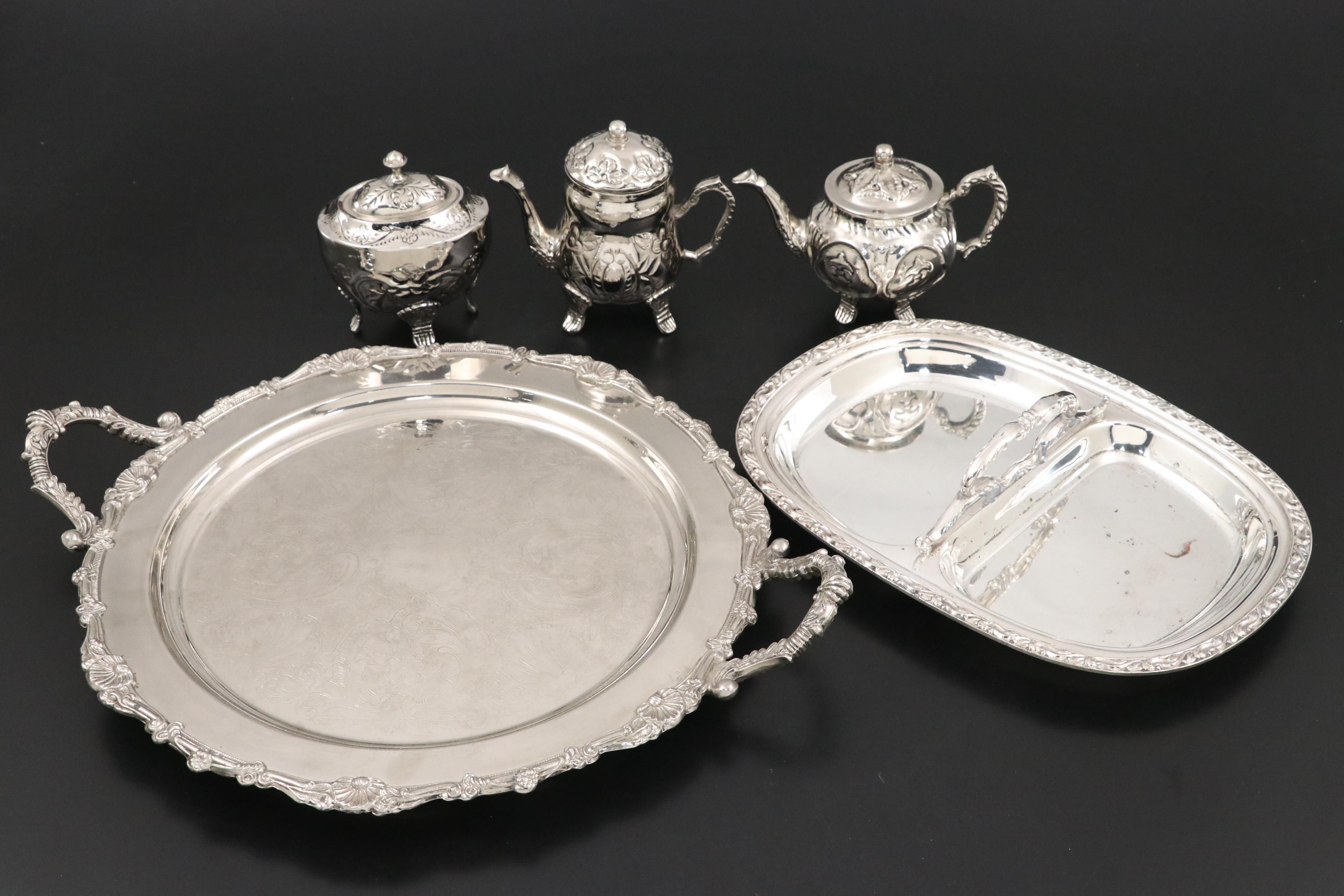 Wm. A. Rogers Silver Plate Tray with Samovar and Other Tea and Coffee Sets