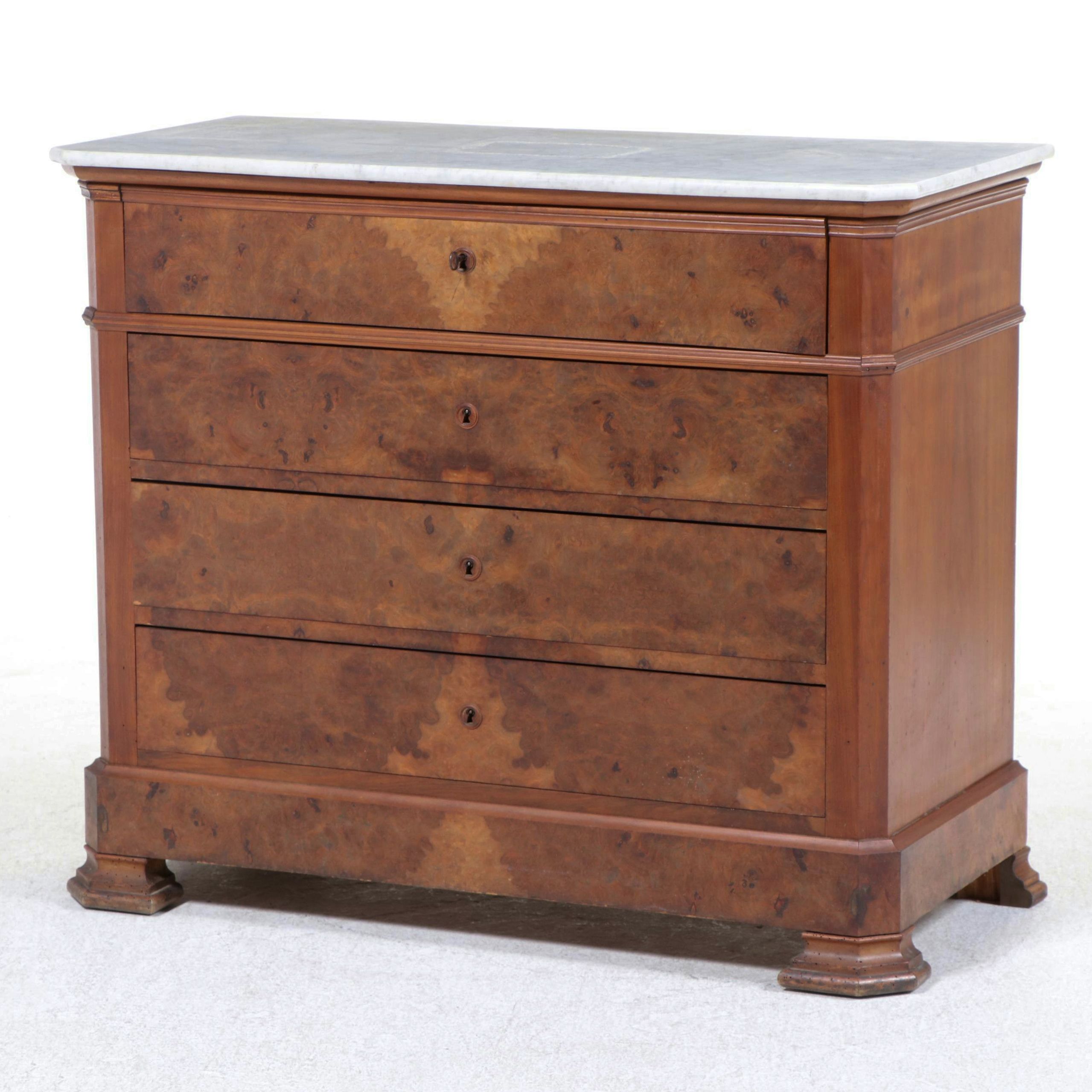 Louis Philippe Style Walnut, Maple, Rosewood, & White Marble Secrétaire Commode