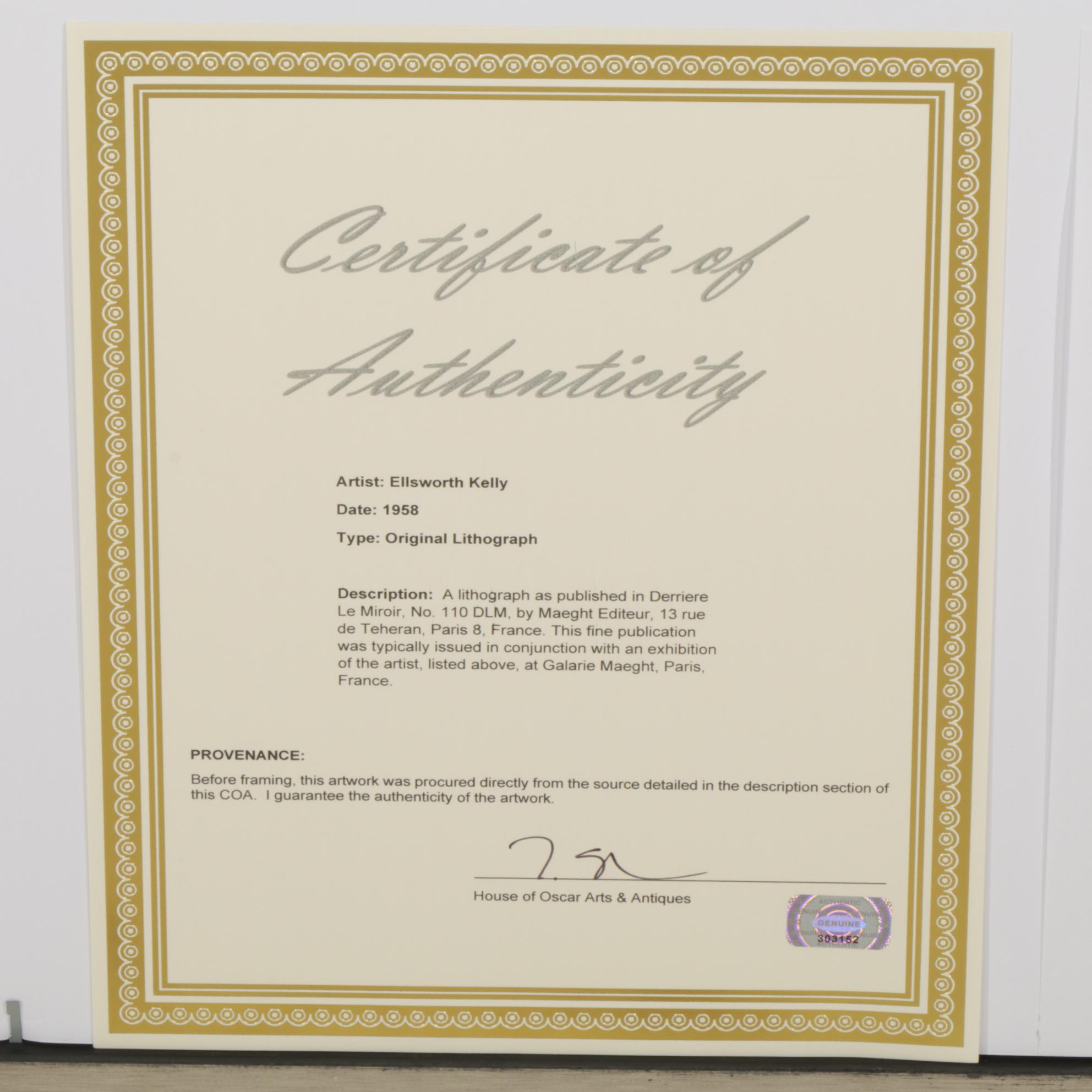 Ellsworth Kelly Double Page Lithograph for "Derrière le Miroir," 1958