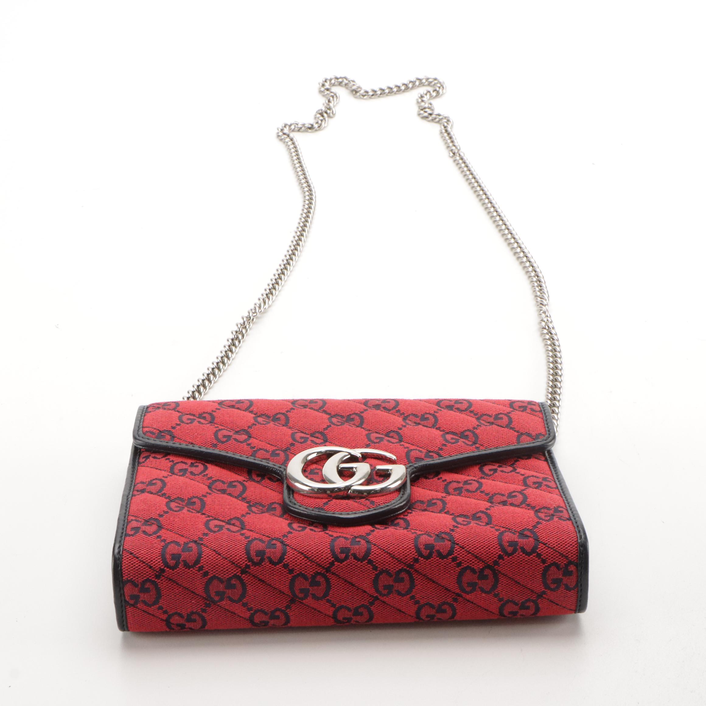 Gucci Limited Edition Wallet on Chain in Diagonal Quilted Red & Blue GG Canvas