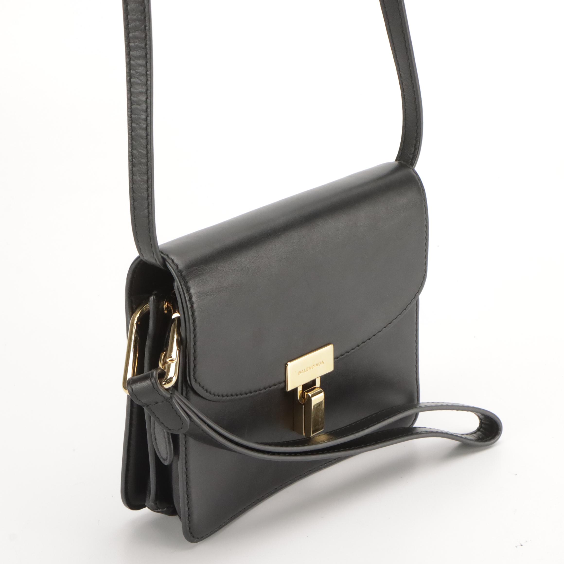 Balenciaga Front Flap Lock Crossbody Bag in Black Calfskin Leather