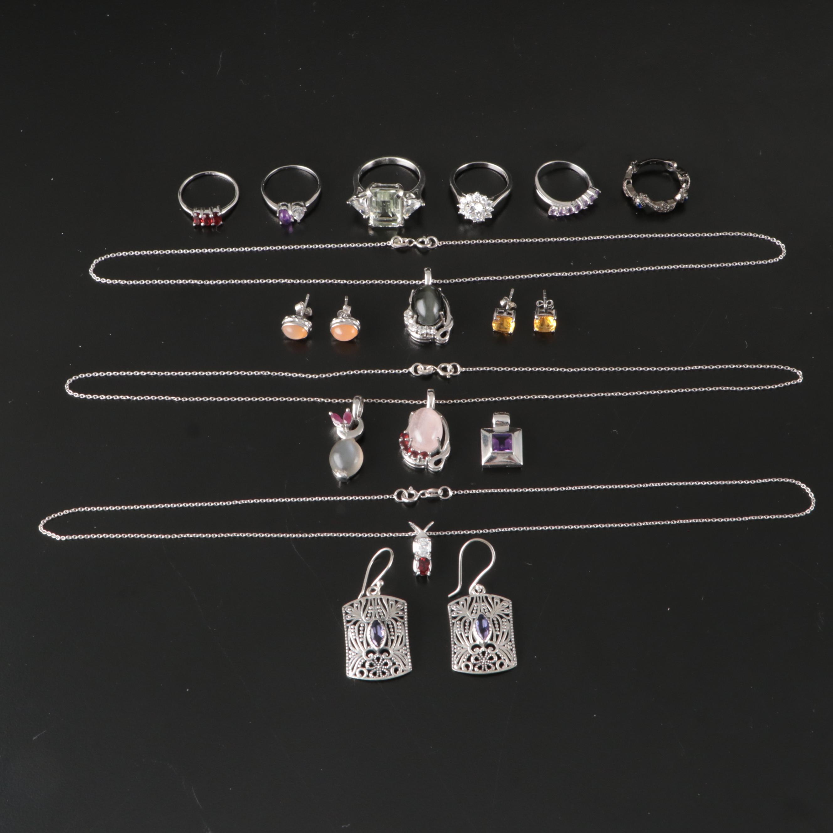 14 Assorted Sterling Silver Rings, Necklaces, Earrings, and Pendants
