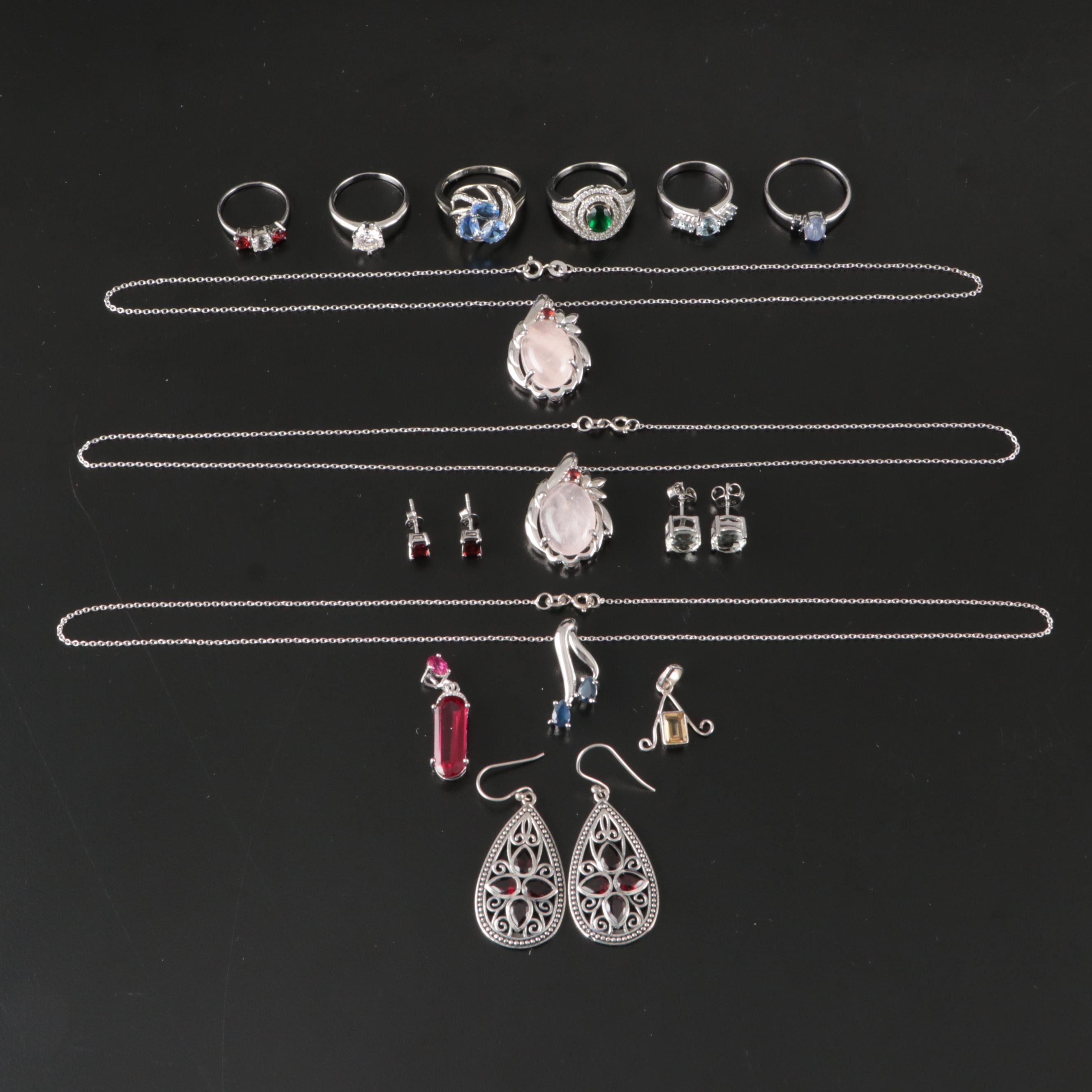 14 Assorted Sterling Silver Rings, Necklaces, Earrings, and Pendants