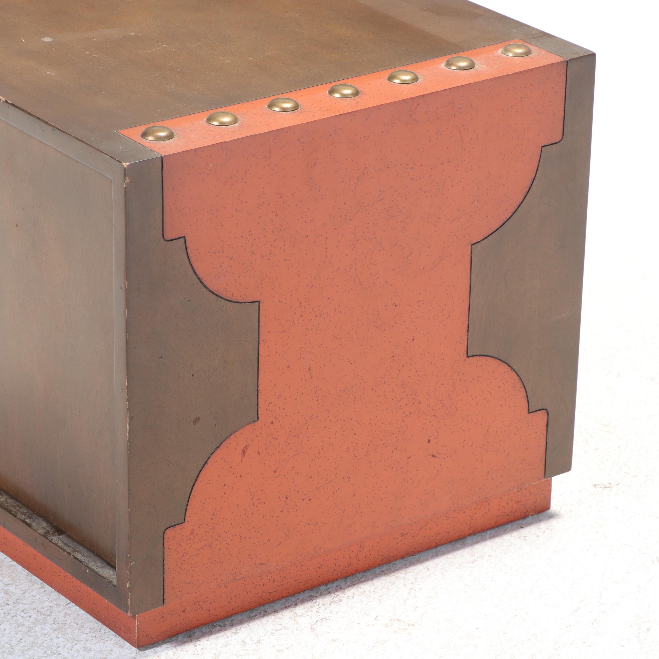 Mid Century Modern Parcel-Painted and Nailhead Accented Walnut Side Table