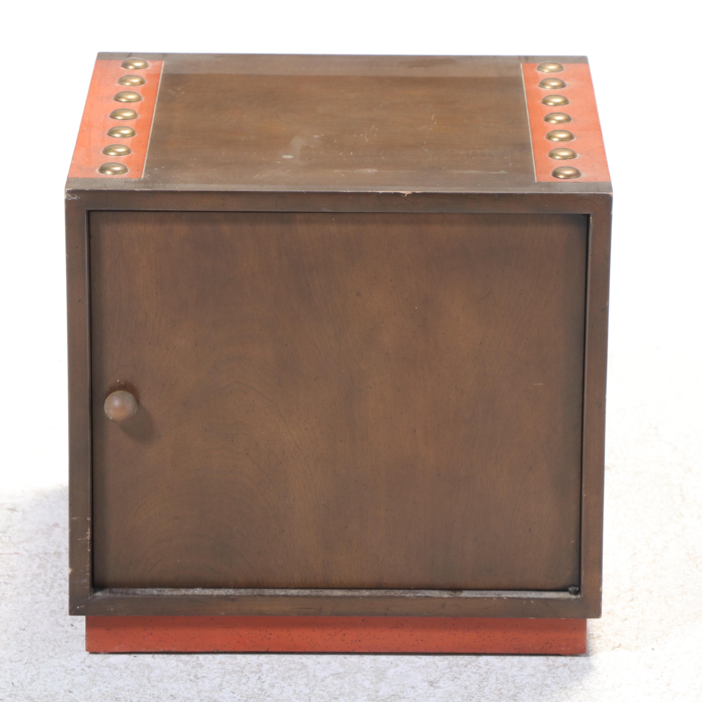 Mid Century Modern Parcel-Painted and Nailhead Accented Walnut Side Table