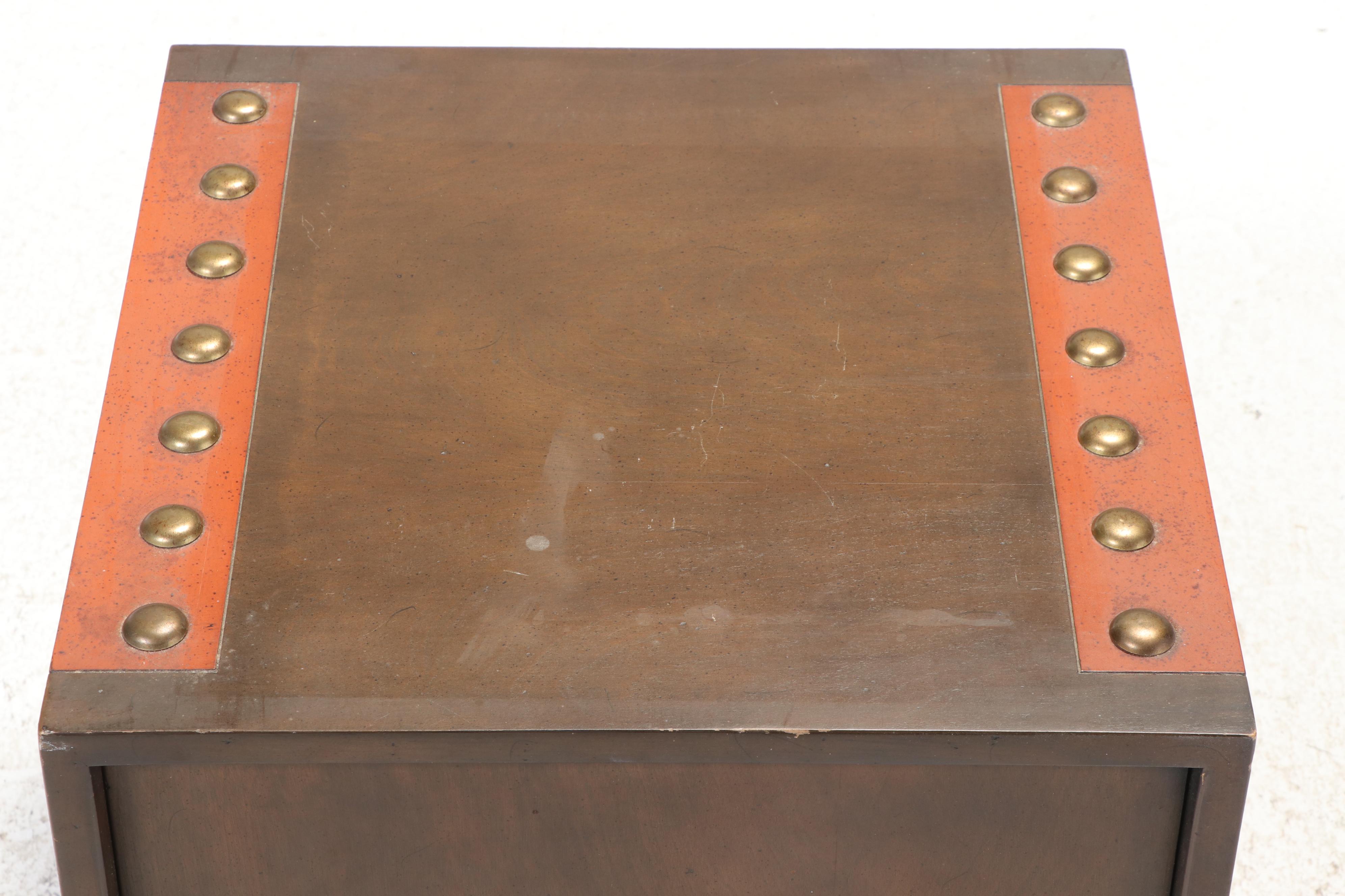 Mid Century Modern Parcel-Painted and Nailhead Accented Walnut Side Table