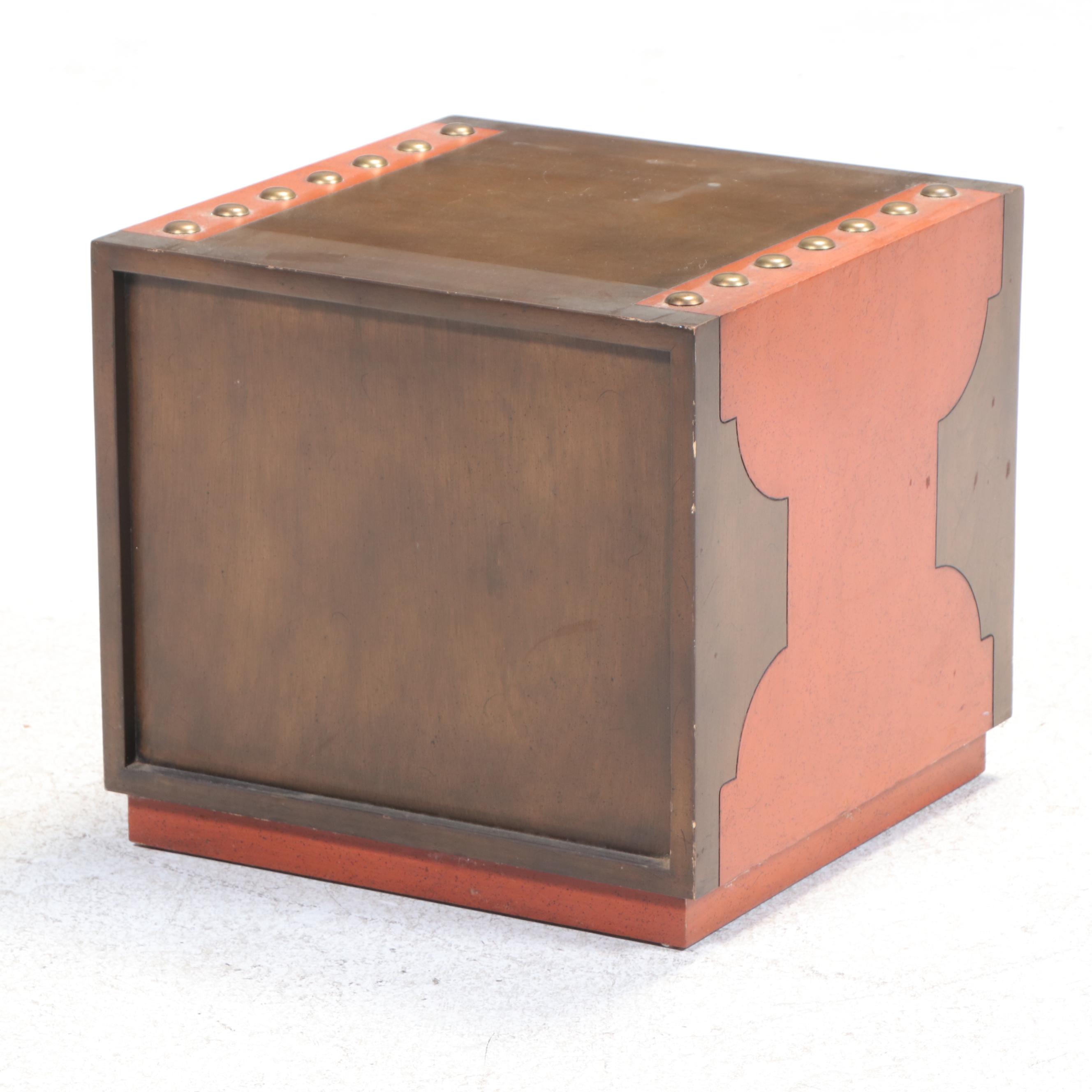 Mid Century Modern Parcel-Painted and Nailhead Accented Walnut Side Table