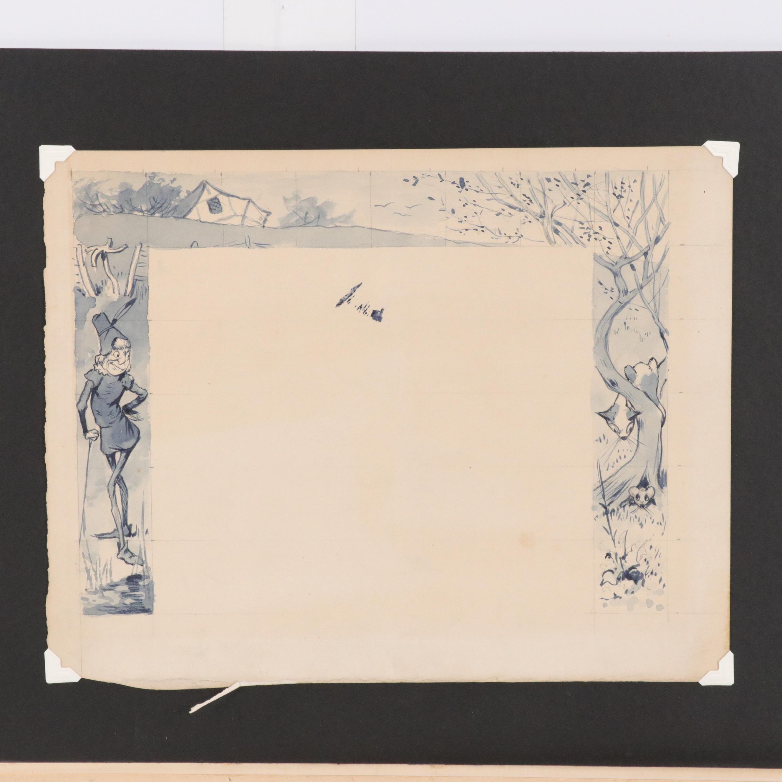 Watercolor and Ink Page Surround Illustration Attributed to Howard Pyle