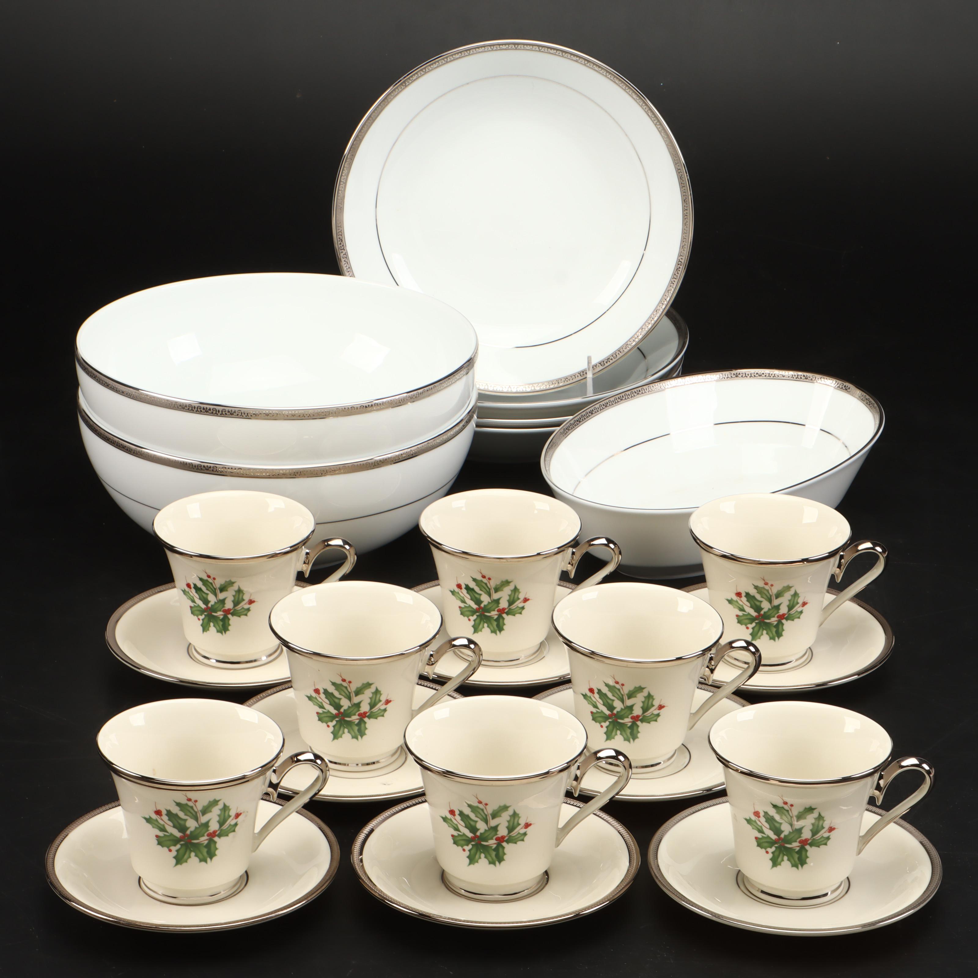 Charter Club Porcelain Bowls with Lenox "Holiday Platinum" Cups and Saucers