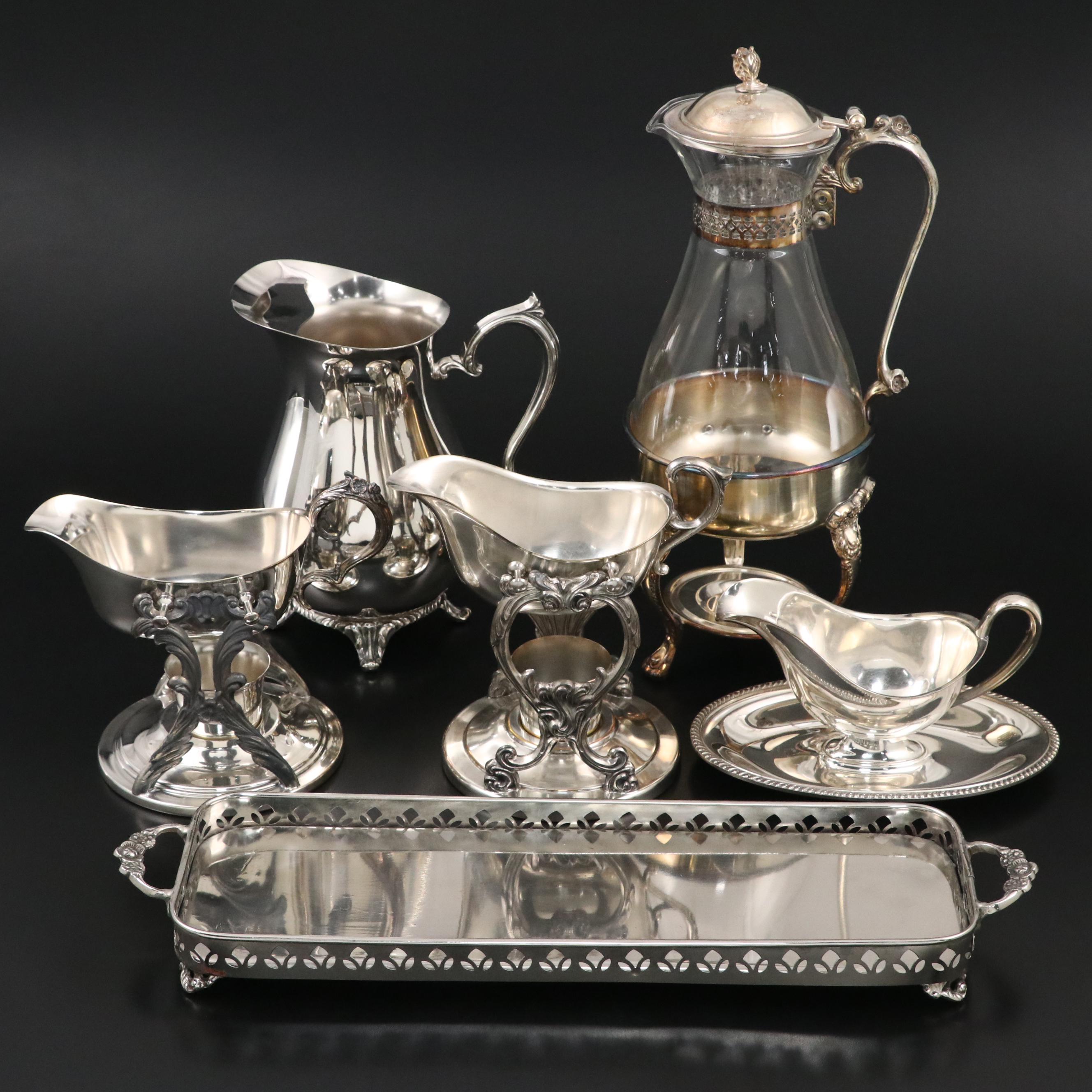 Sheridan Silver Plate and Glass Coffee Pot with Wm Rogers Gravy Boat and Others
