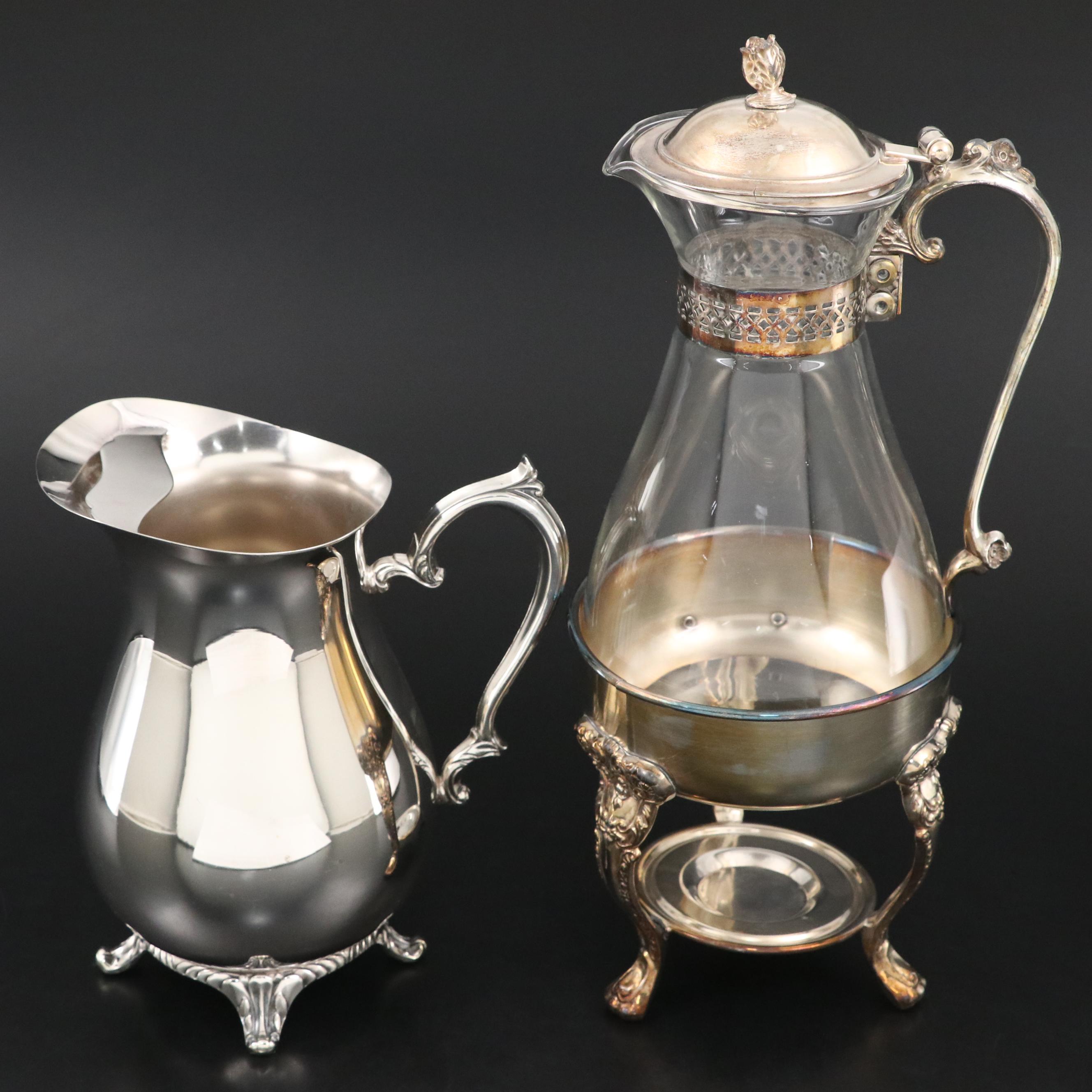Sheridan Silver Plate and Glass Coffee Pot with Wm Rogers Gravy Boat and Others