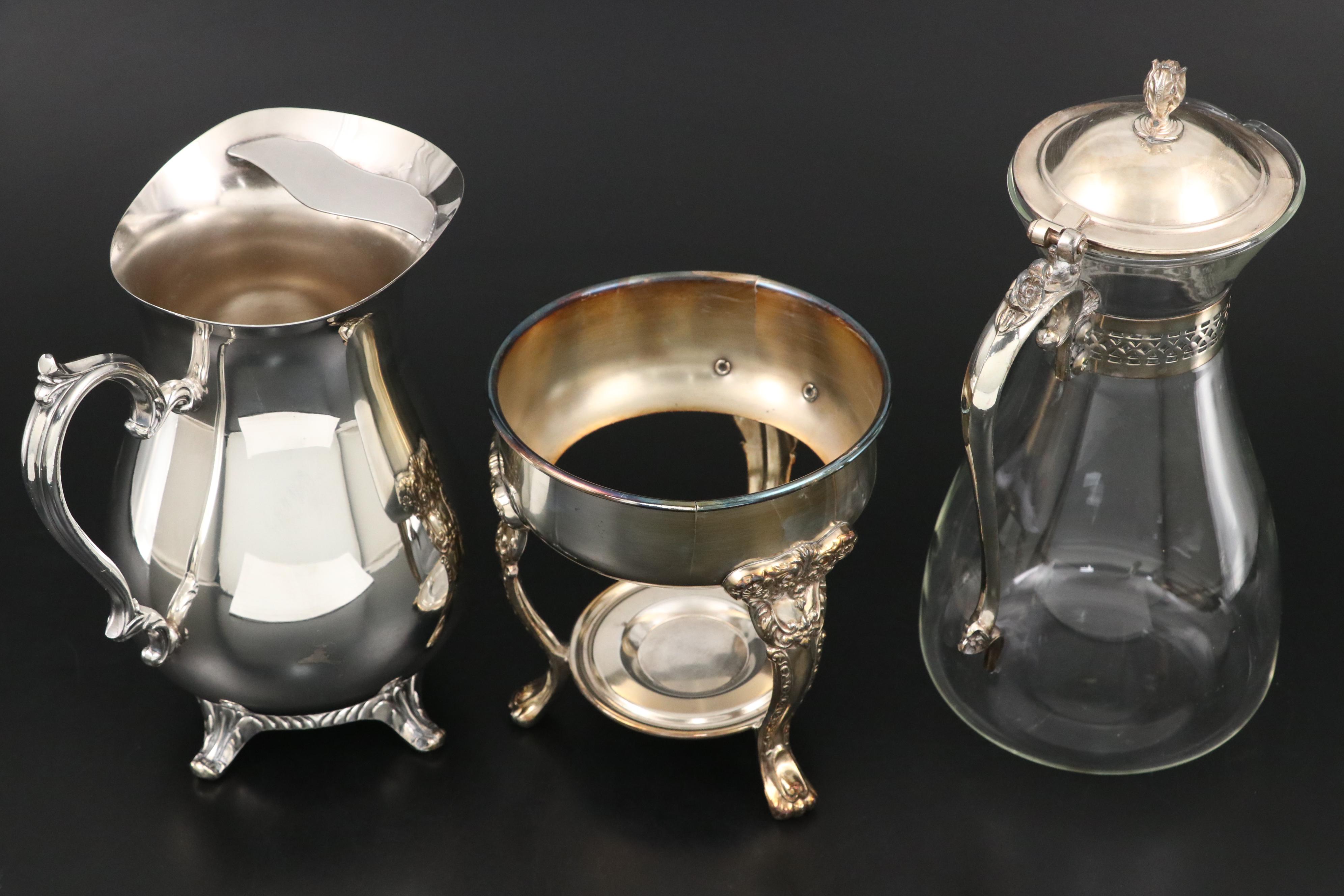 Sheridan Silver Plate and Glass Coffee Pot with Wm Rogers Gravy Boat and Others