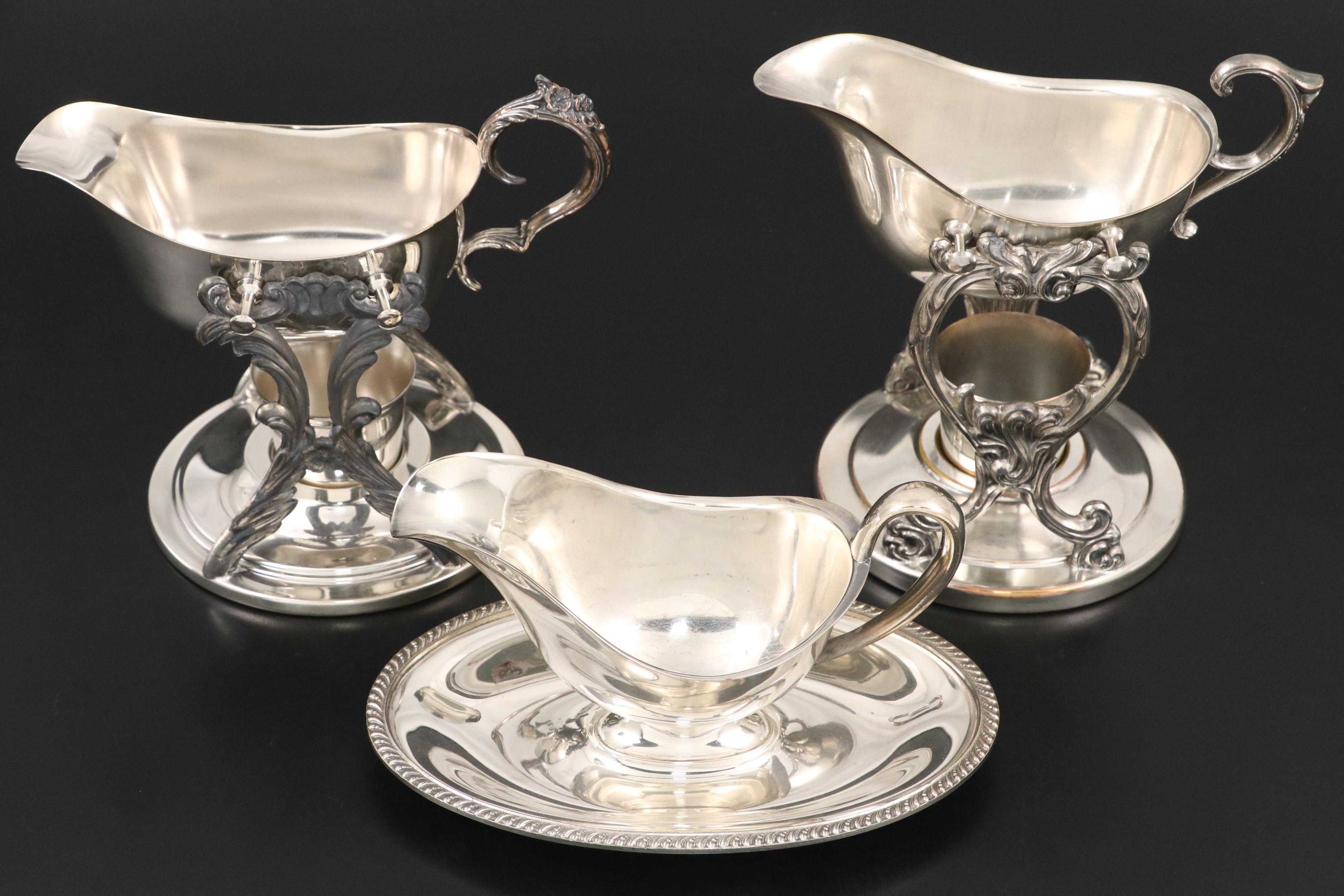 Sheridan Silver Plate and Glass Coffee Pot with Wm Rogers Gravy Boat and Others