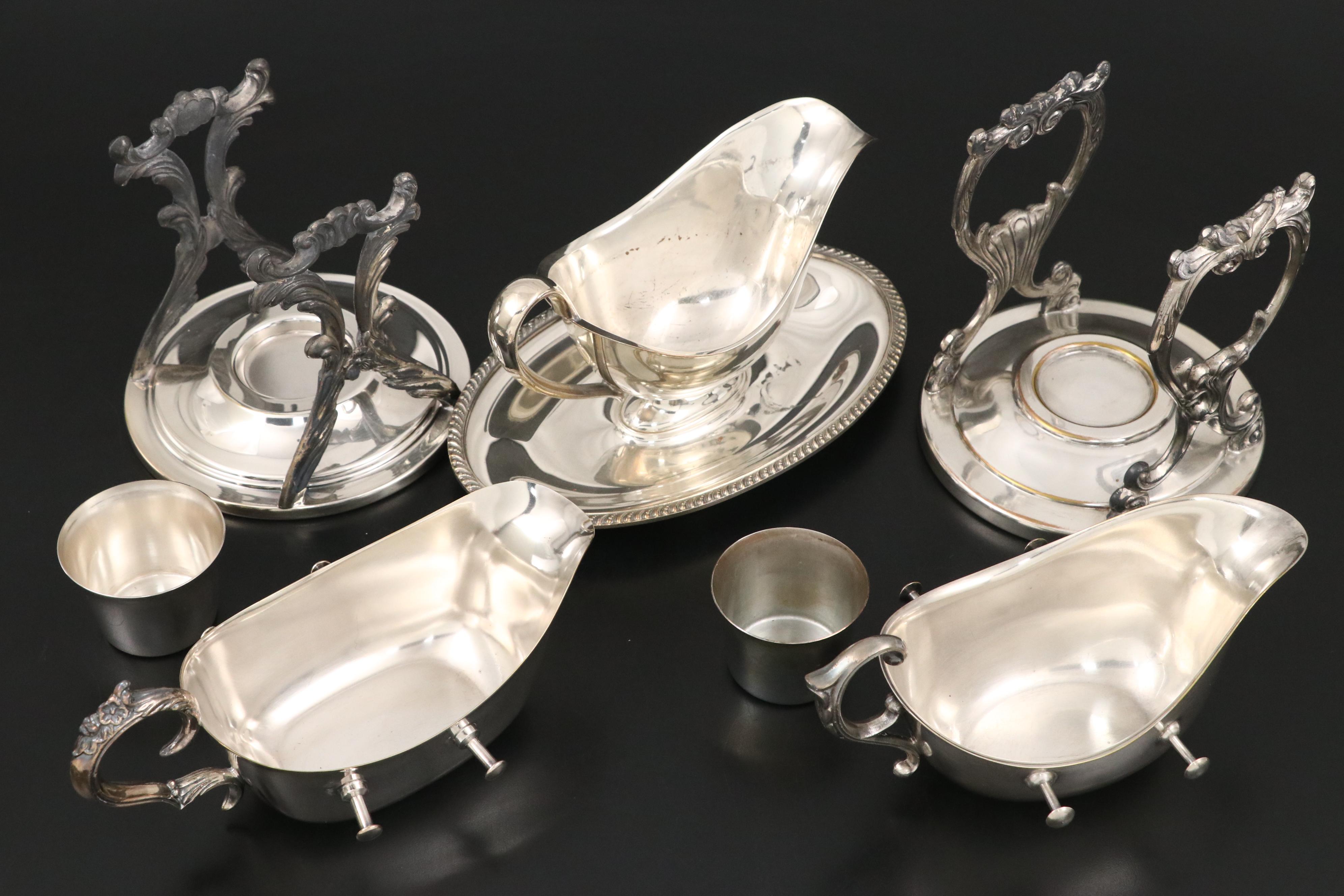 Sheridan Silver Plate and Glass Coffee Pot with Wm Rogers Gravy Boat and Others