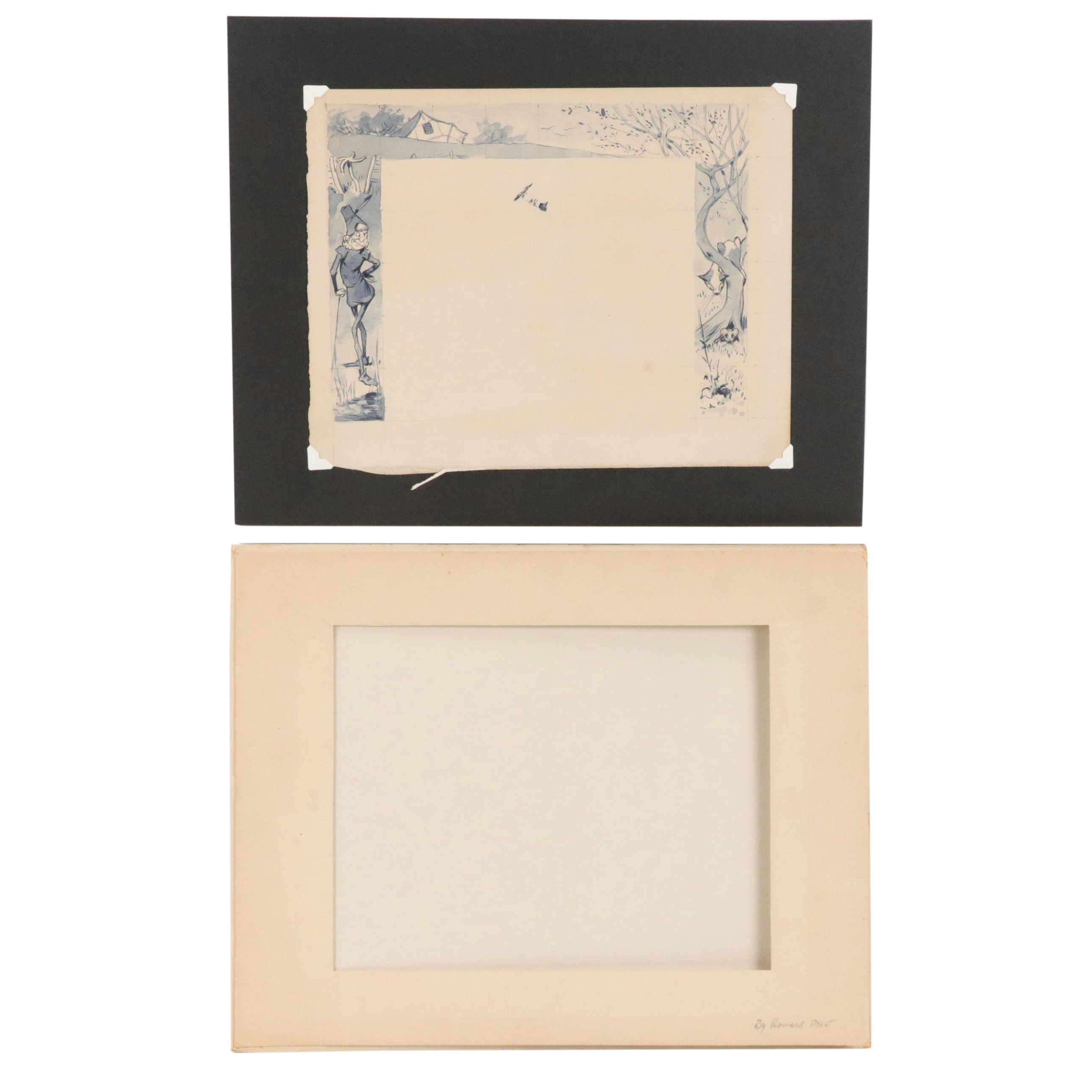 Watercolor and Ink Page Surround Illustration Attributed to Howard Pyle