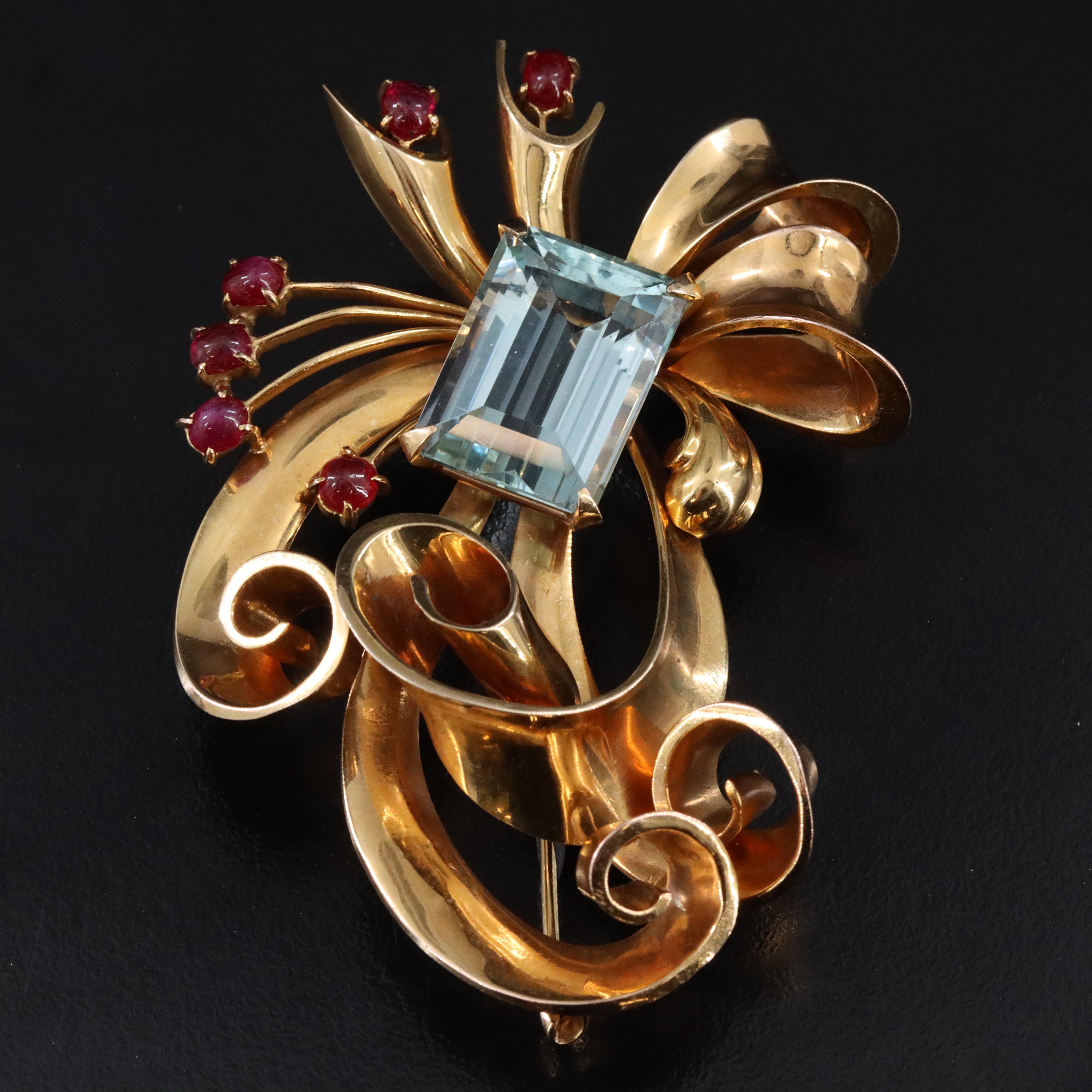 Retro 14K 23.54 CT Aquamarine and Ruby Bow Brooch
