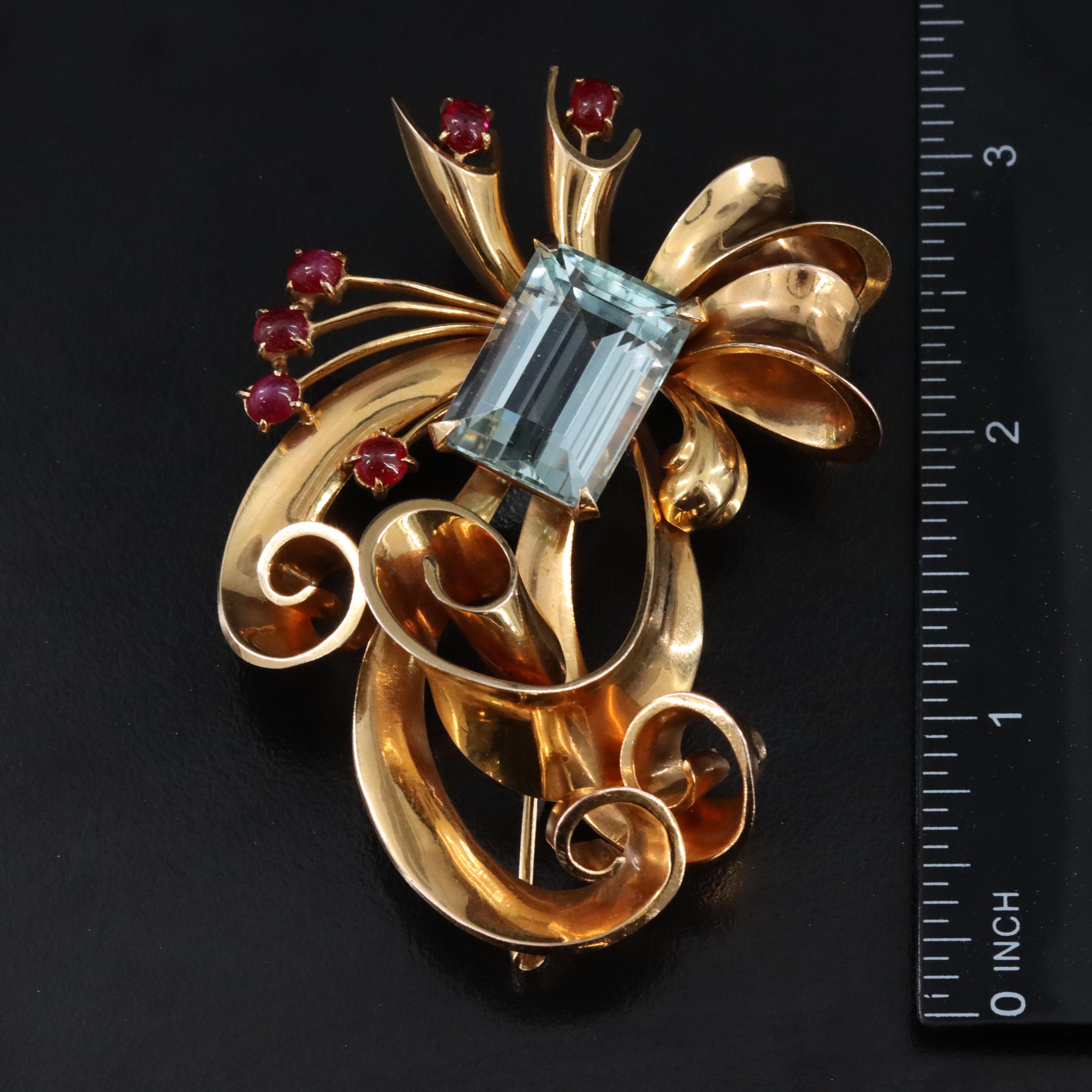 Retro 14K 23.54 CT Aquamarine and Ruby Bow Brooch