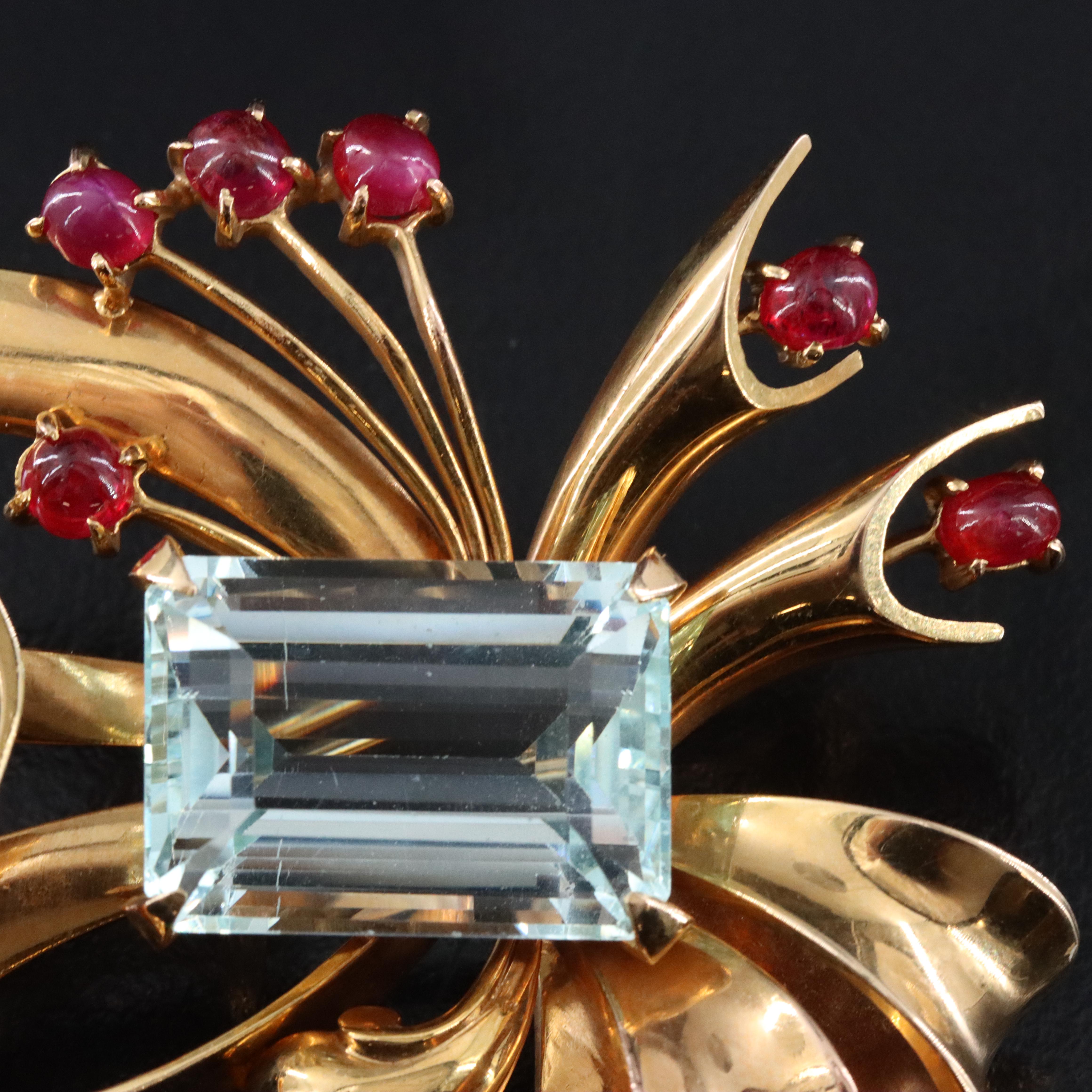 Retro 14K 23.54 CT Aquamarine and Ruby Bow Brooch