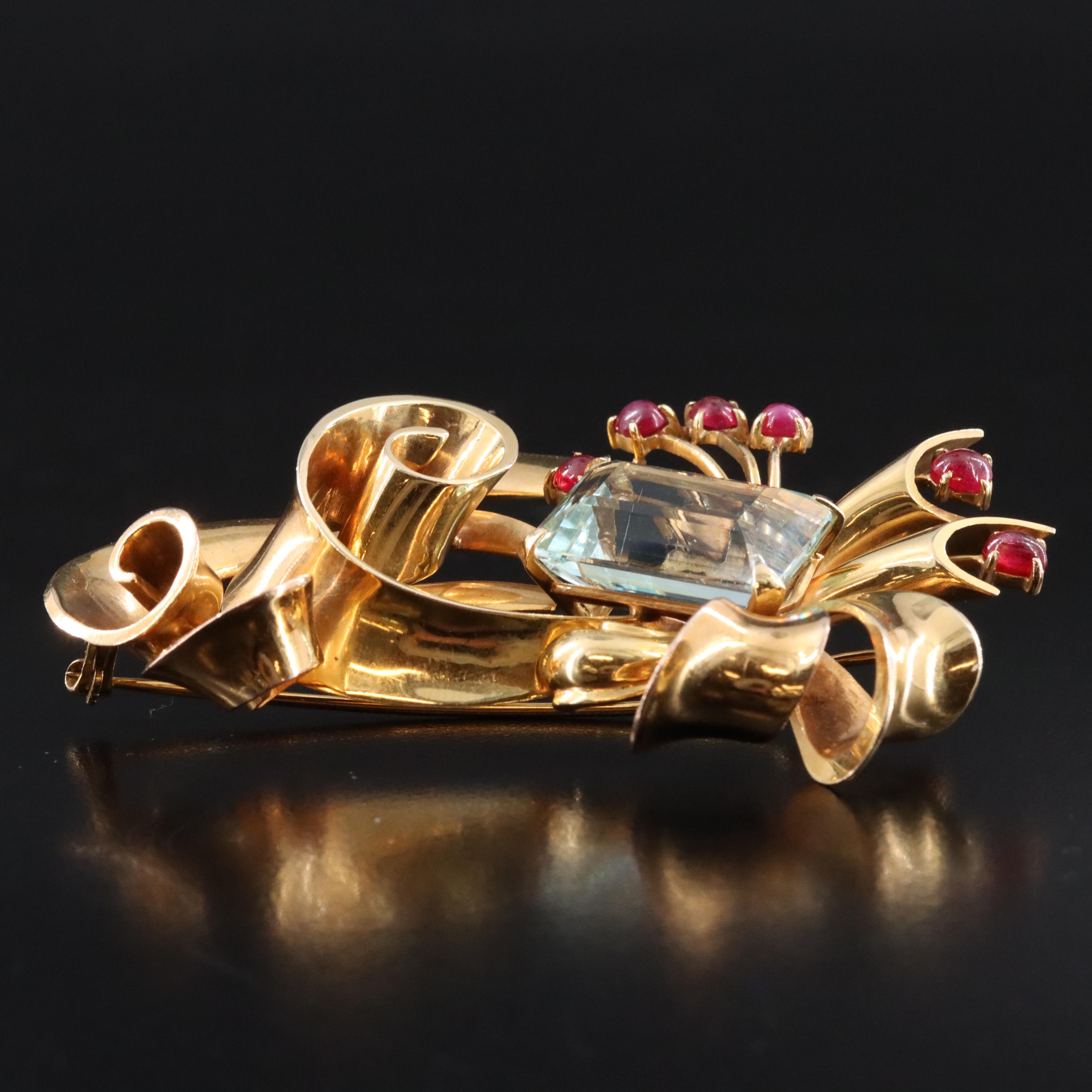Retro 14K 23.54 CT Aquamarine and Ruby Bow Brooch