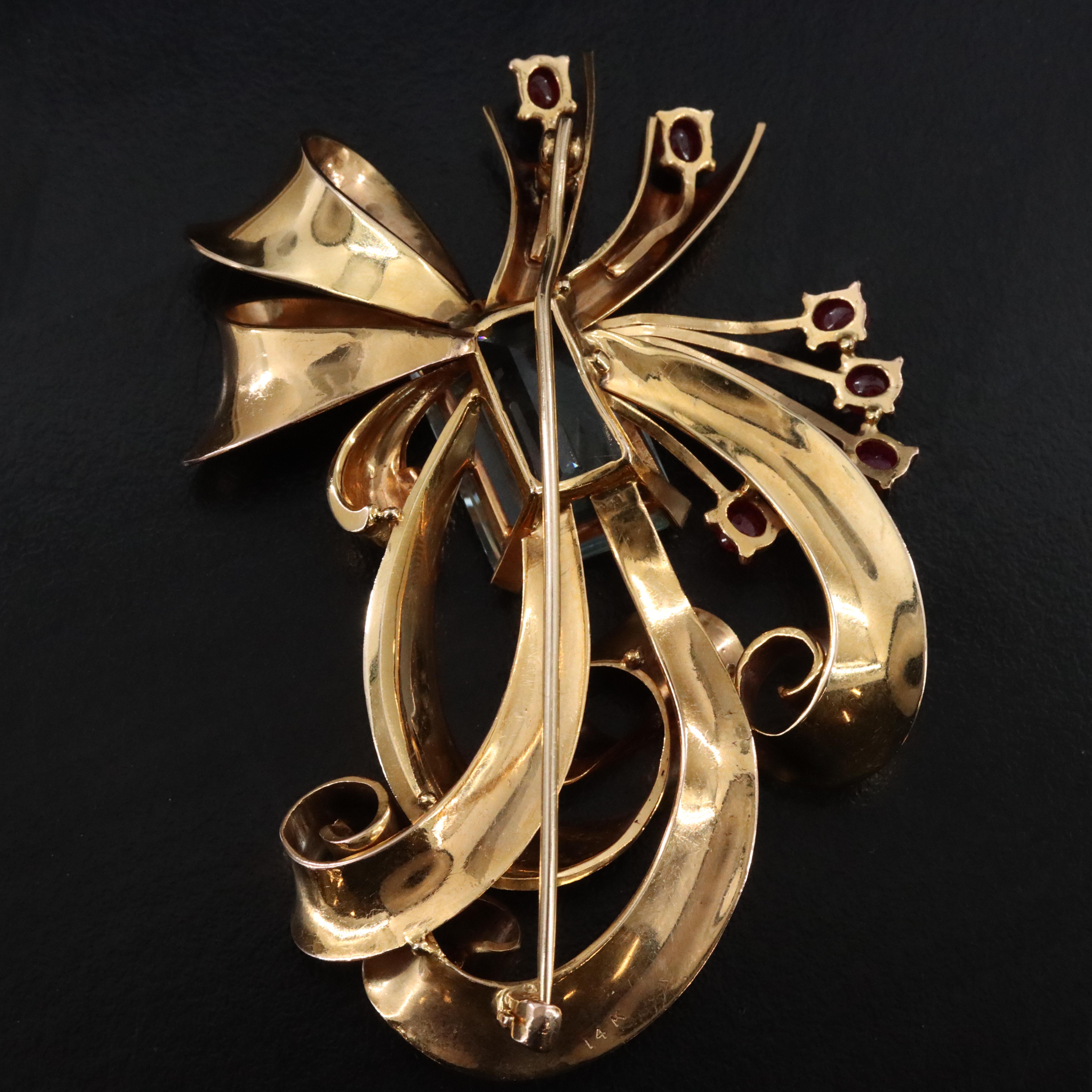 Retro 14K 23.54 CT Aquamarine and Ruby Bow Brooch