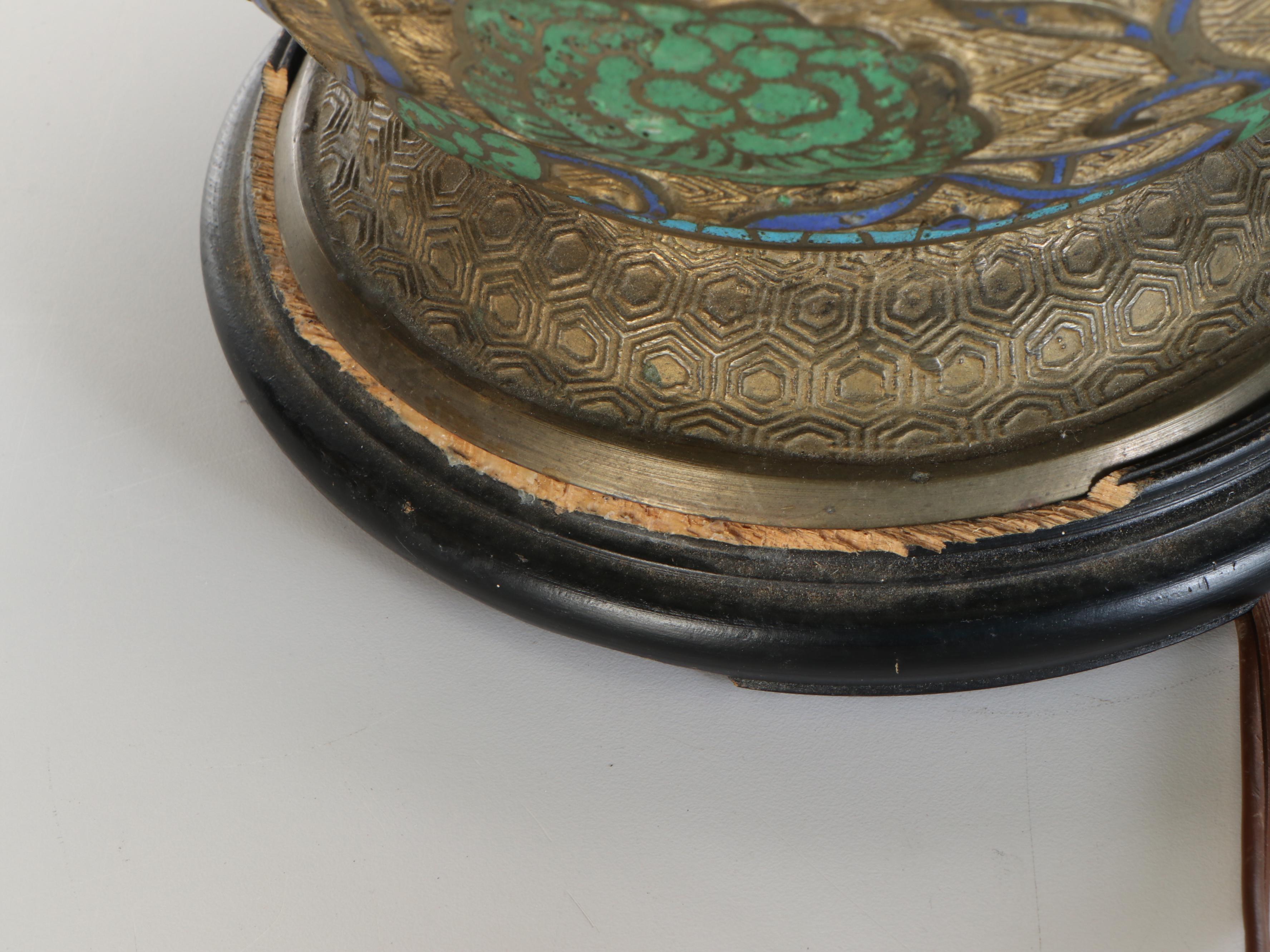 Chinese Brass Champlevé Enameled Orb Table Lamps with Ruffled Cotton Shades