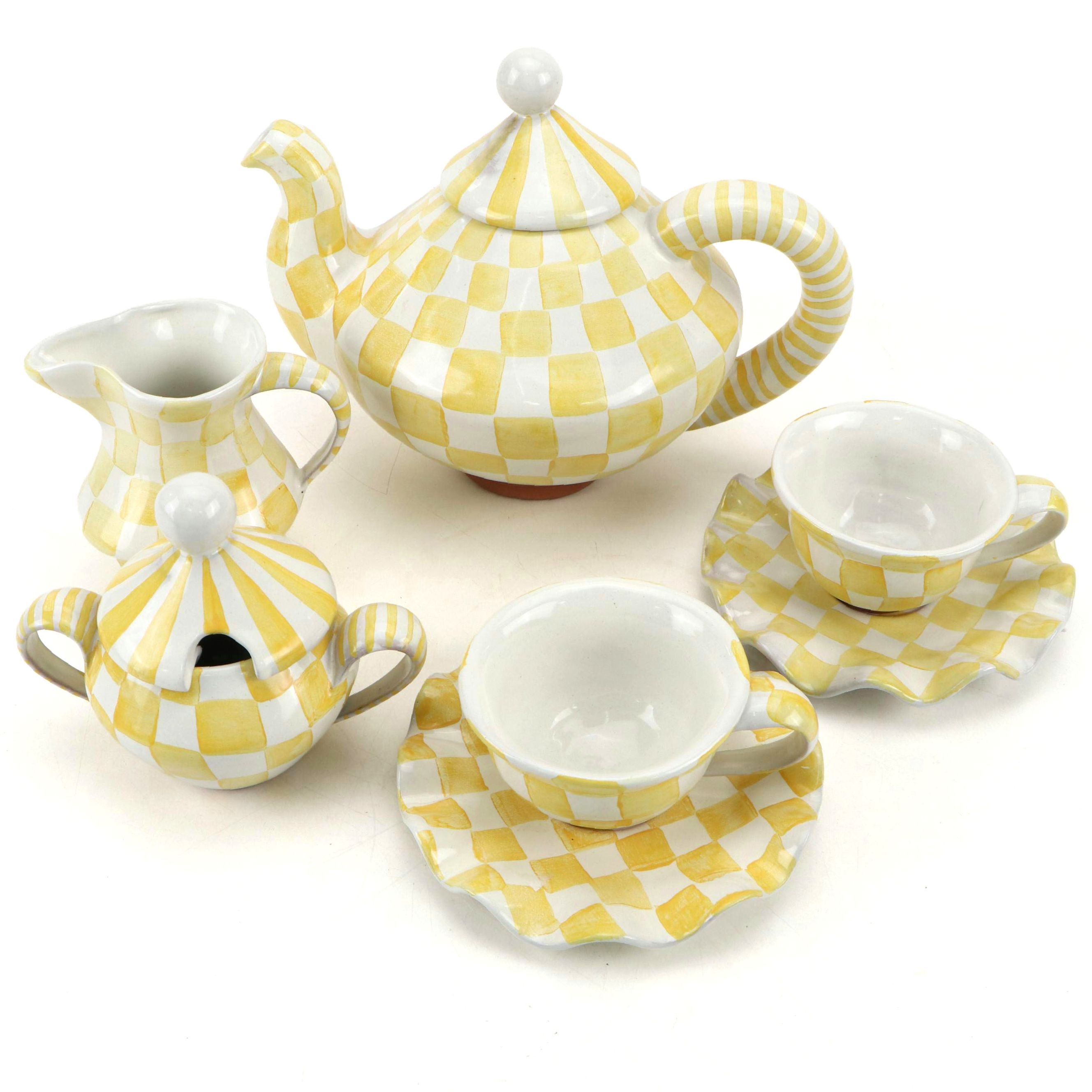MacKenzie-Childs Hand-Painted Yellow and White Check Tea Set, 2002