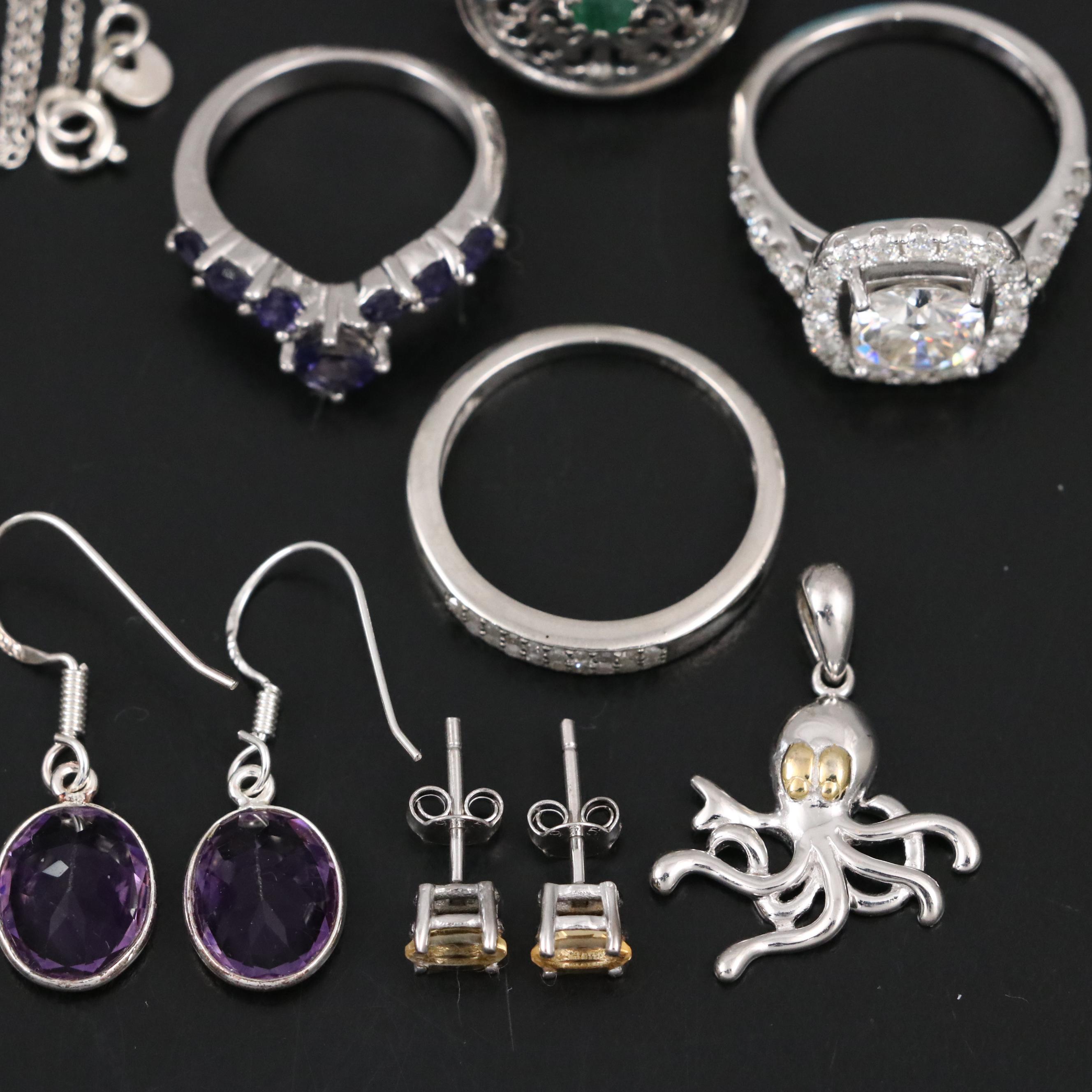 14 Assorted Sterling Silver Rings, Necklaces, Earrings, and Pendants