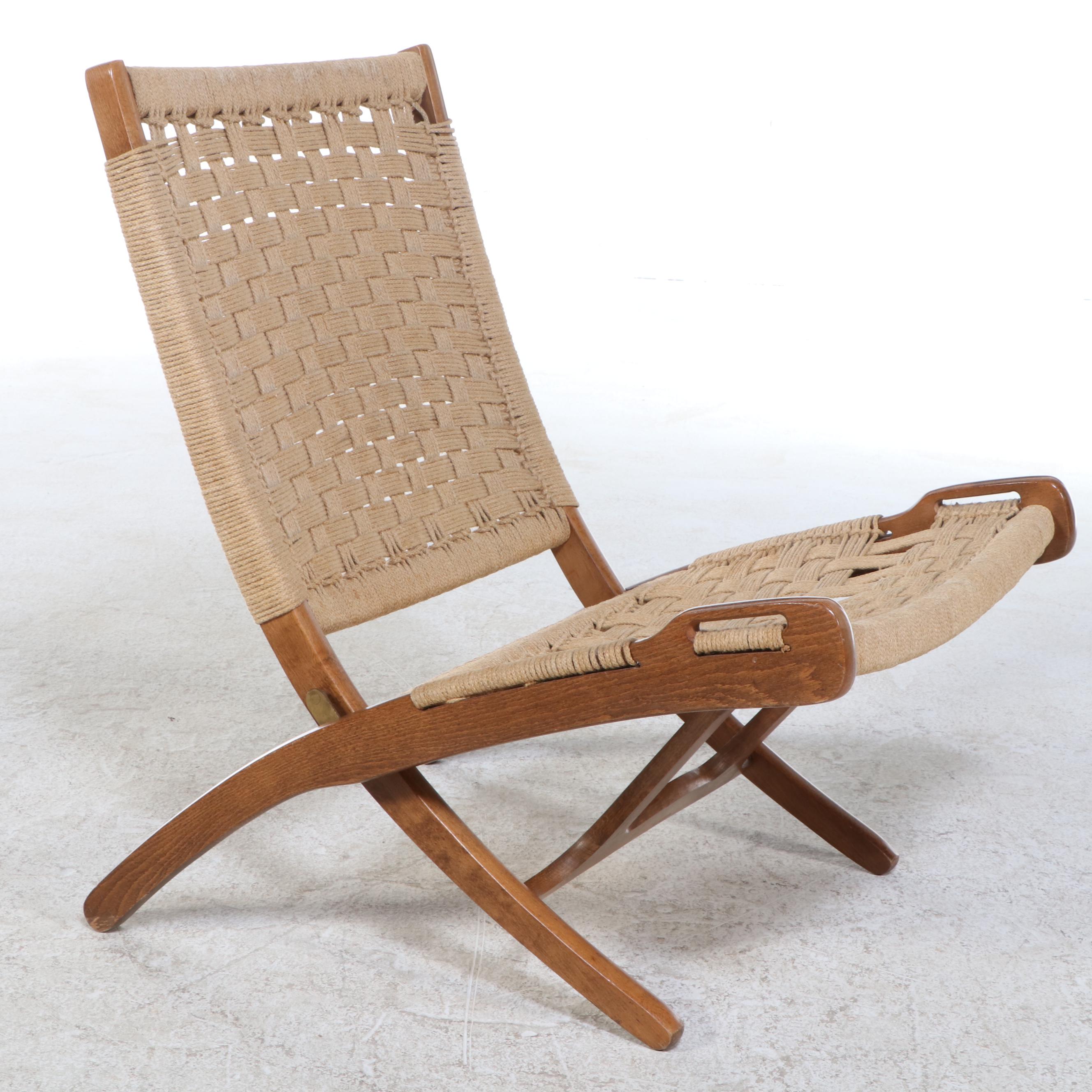 Mid Century Modern Beech and Rope Folding Lounge Chair, Manner of Hans Wegner