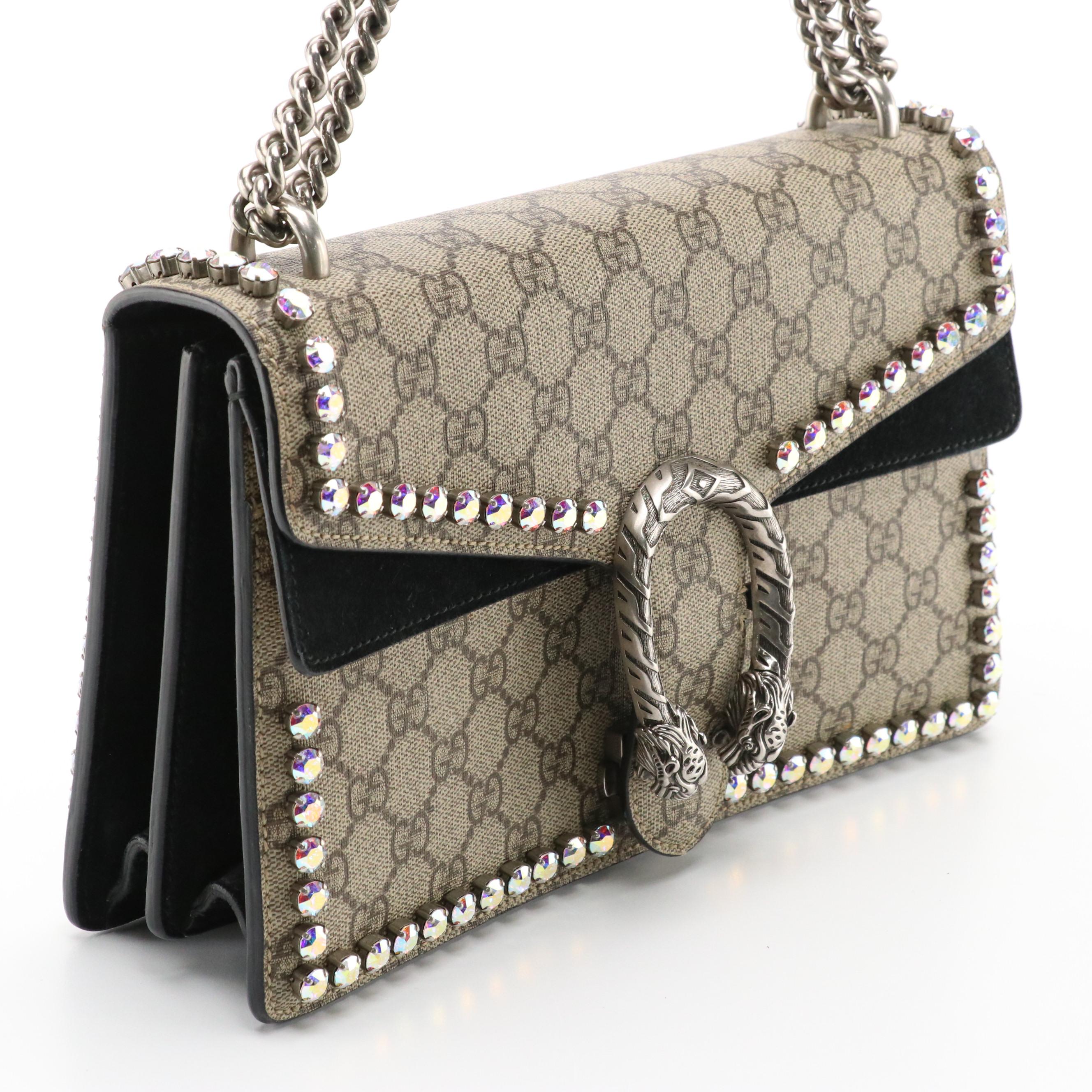 Gucci Crystal Studded Dionysus Bag in GG Supreme Coated Canvas and Black Suede