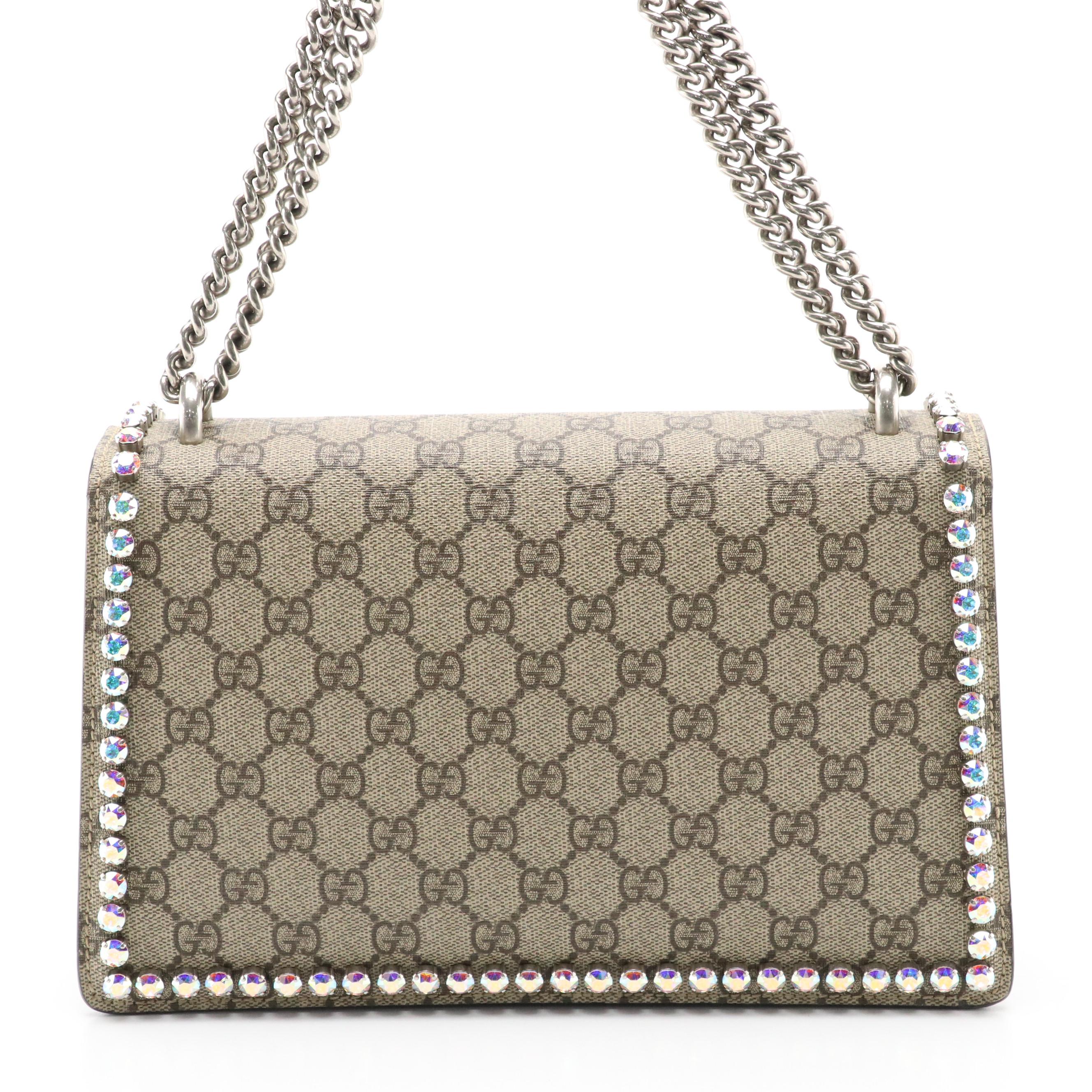 Gucci Crystal Studded Dionysus Bag in GG Supreme Coated Canvas and Black Suede