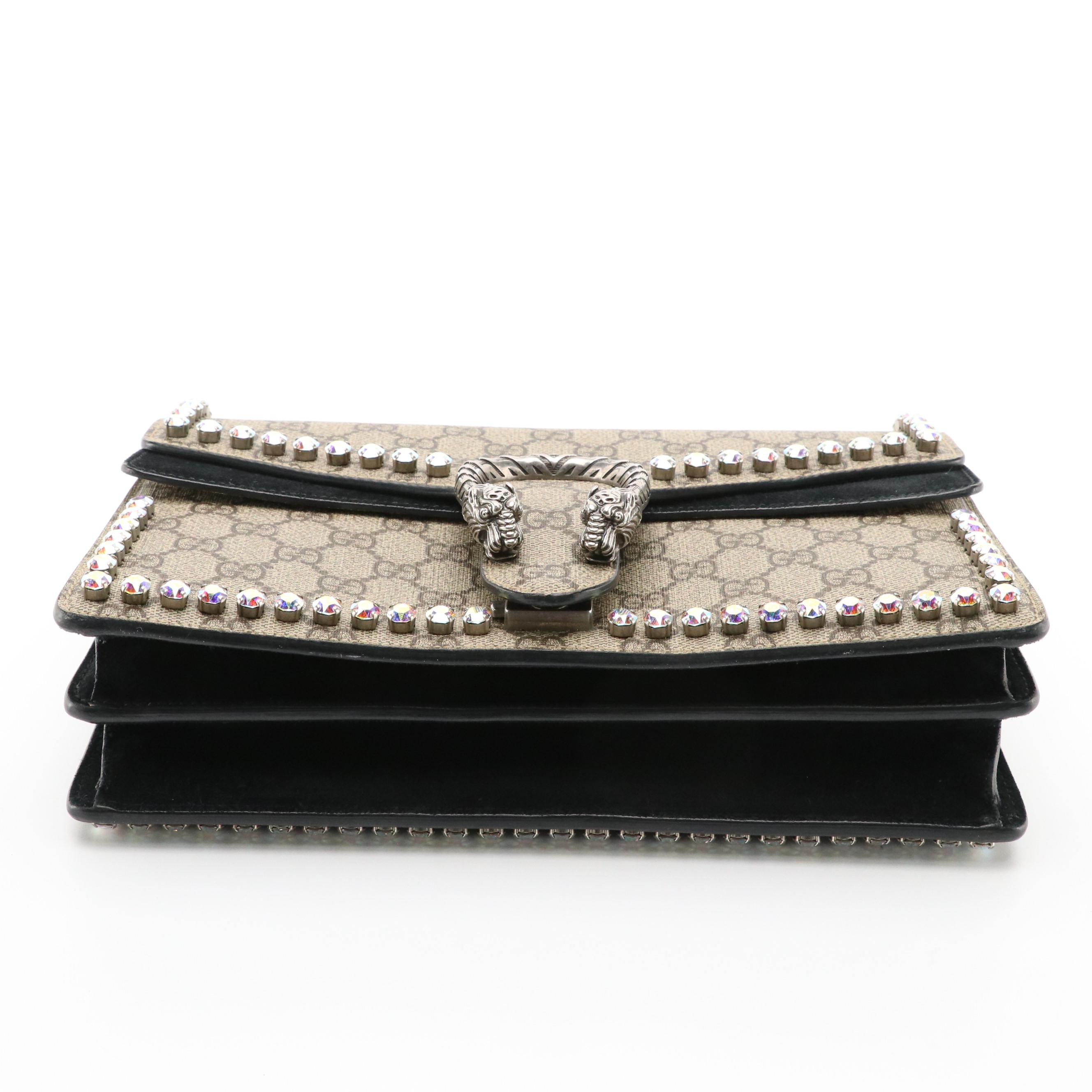 Gucci Crystal Studded Dionysus Bag in GG Supreme Coated Canvas and Black Suede