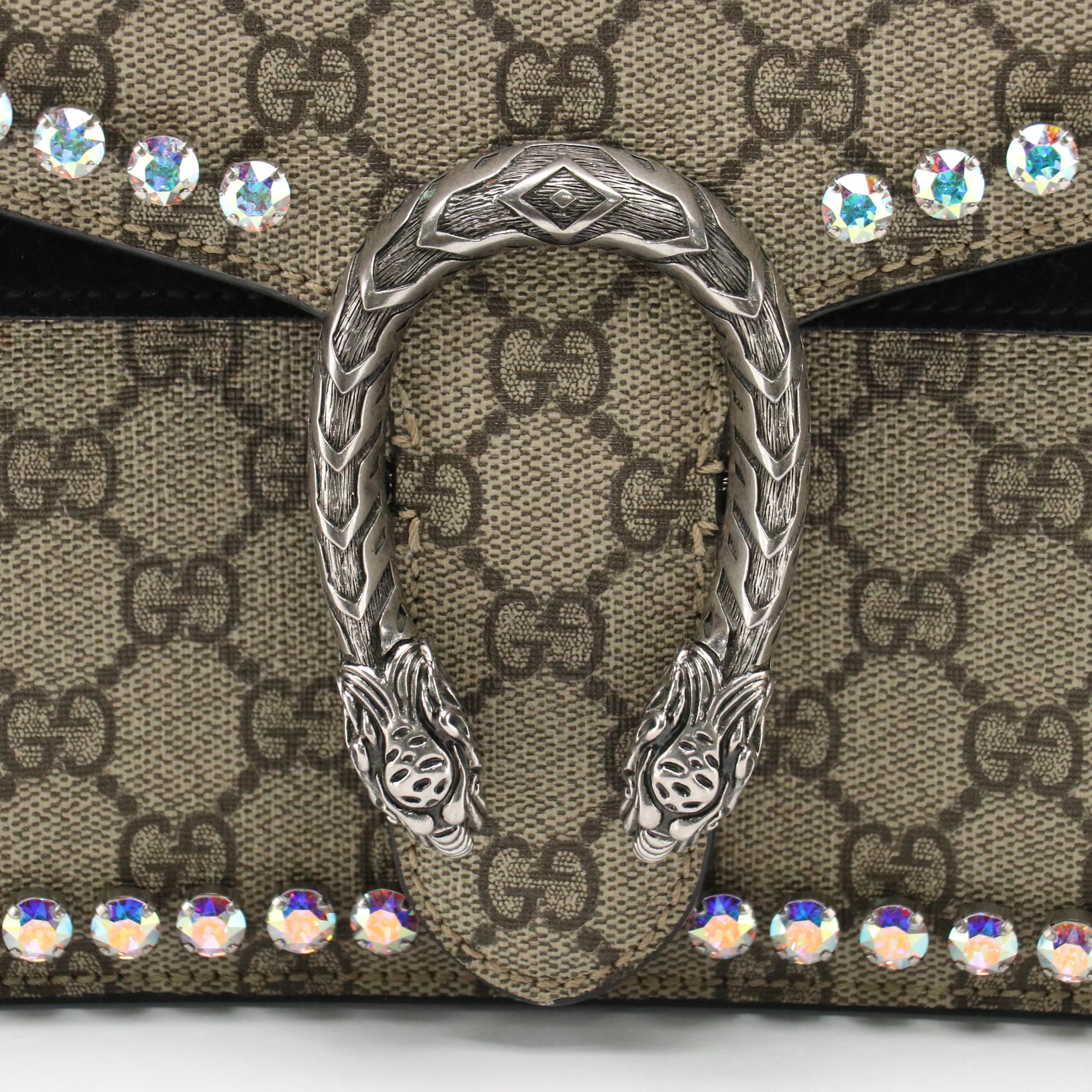 Gucci Crystal Studded Dionysus Bag in GG Supreme Coated Canvas and Black Suede