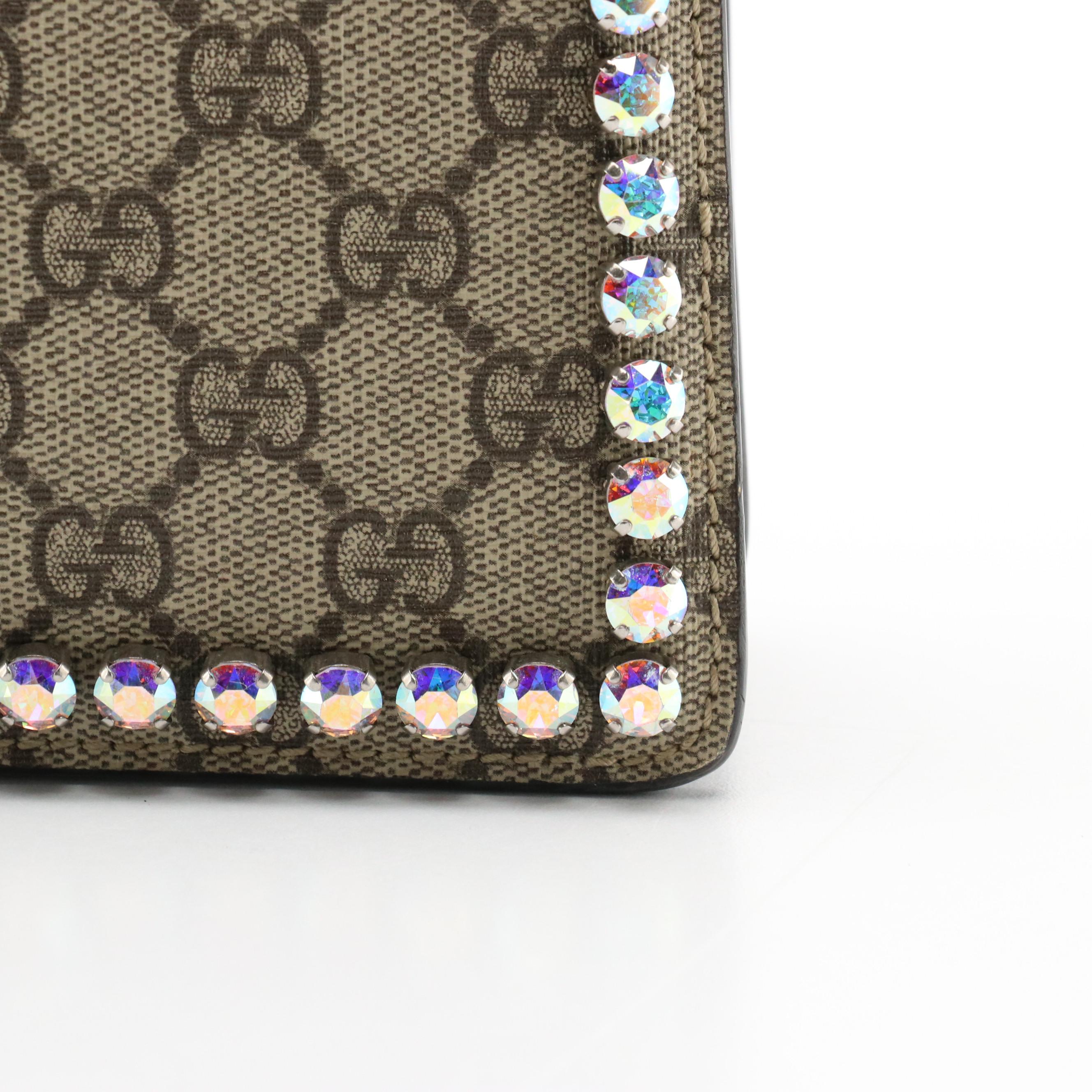 Gucci Crystal Studded Dionysus Bag in GG Supreme Coated Canvas and Black Suede