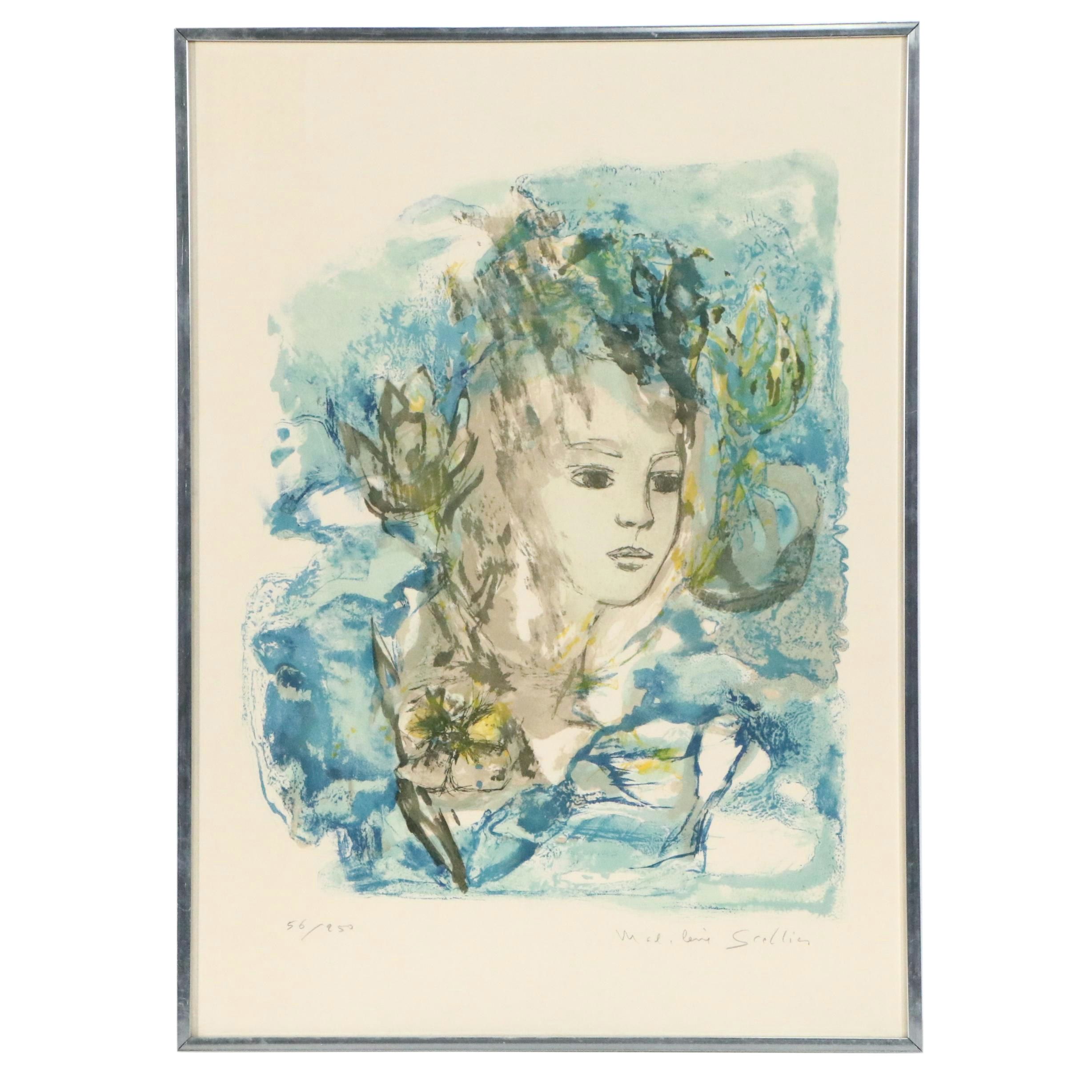 Madeleine Scellier Abstract Lithograph of Woman "Reve Bleu"