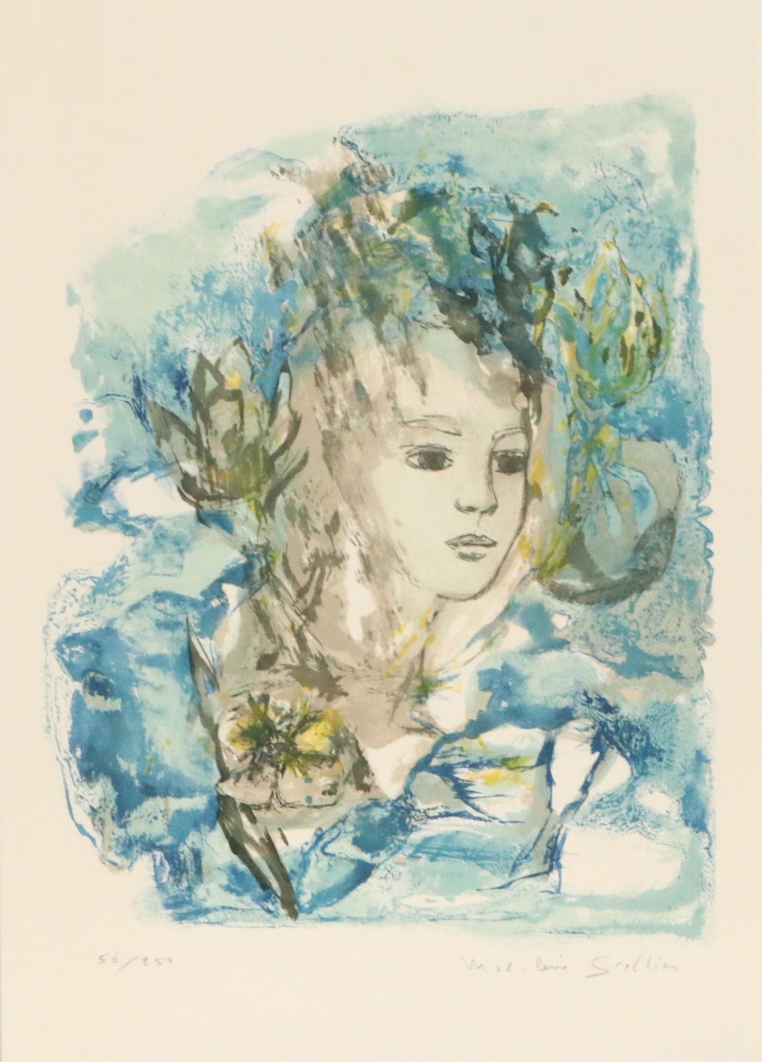 Madeleine Scellier Abstract Lithograph of Woman "Reve Bleu"