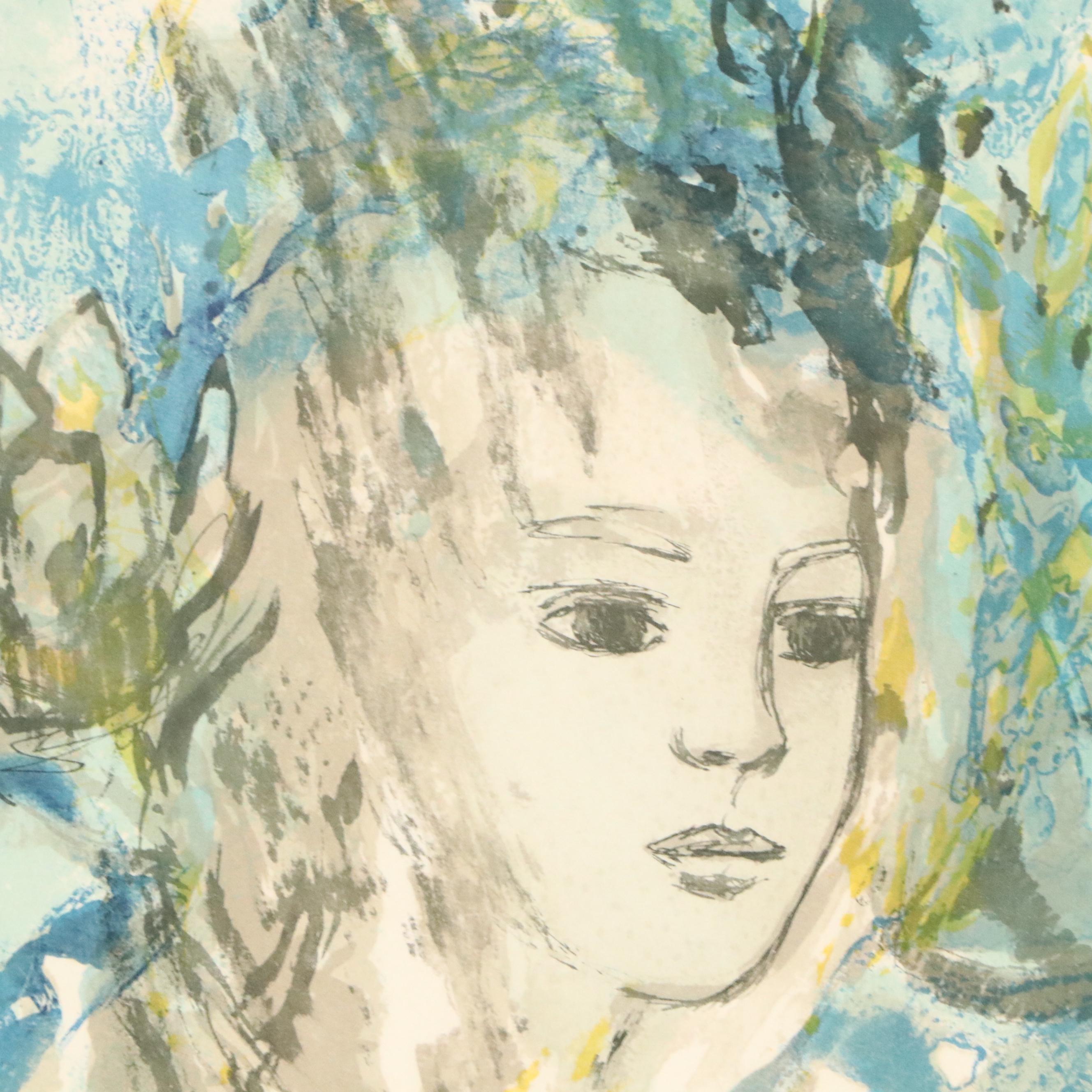 Madeleine Scellier Abstract Lithograph of Woman "Reve Bleu"