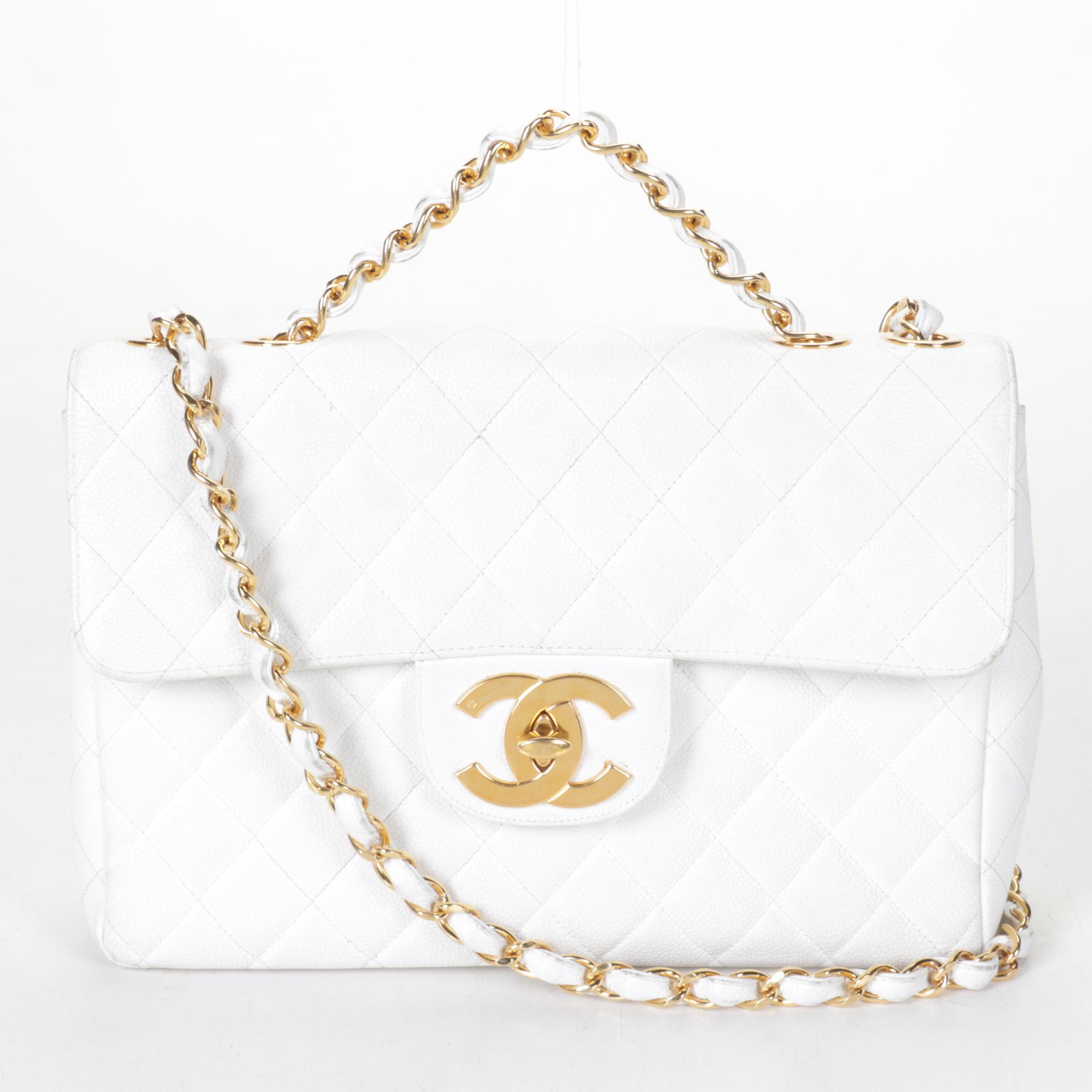 Chanel White Quilted Caviar Leather Classic Flap Shoulder Bag, 1997