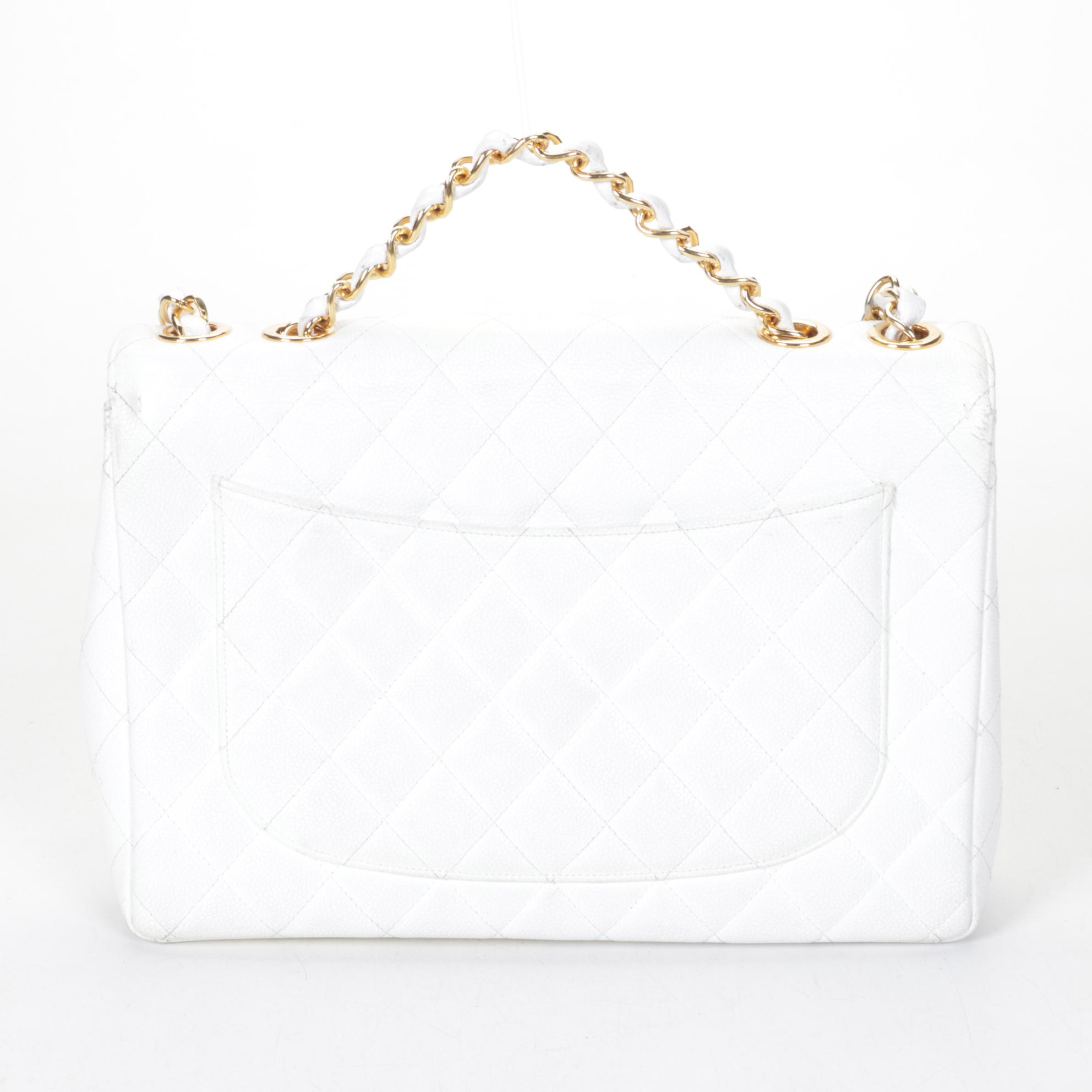 Chanel White Quilted Caviar Leather Classic Flap Shoulder Bag, 1997