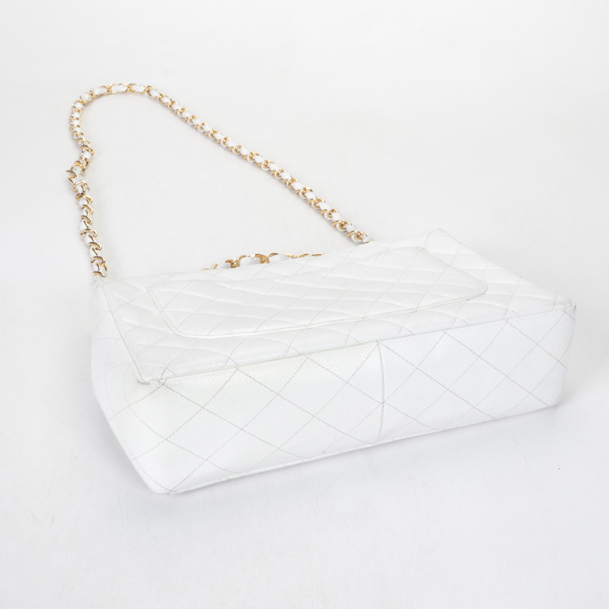 Chanel White Quilted Caviar Leather Classic Flap Shoulder Bag, 1997