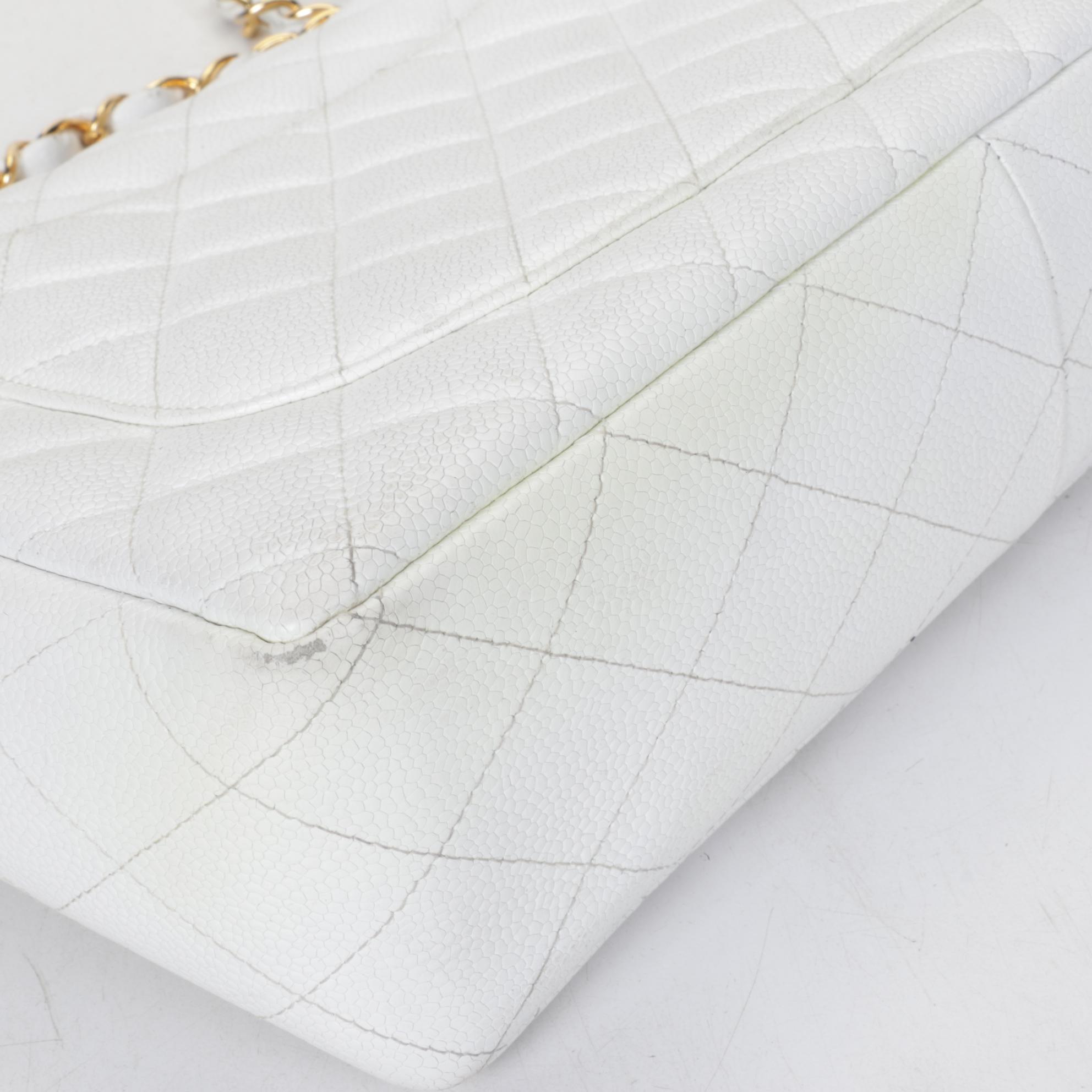 Chanel White Quilted Caviar Leather Classic Flap Shoulder Bag, 1997