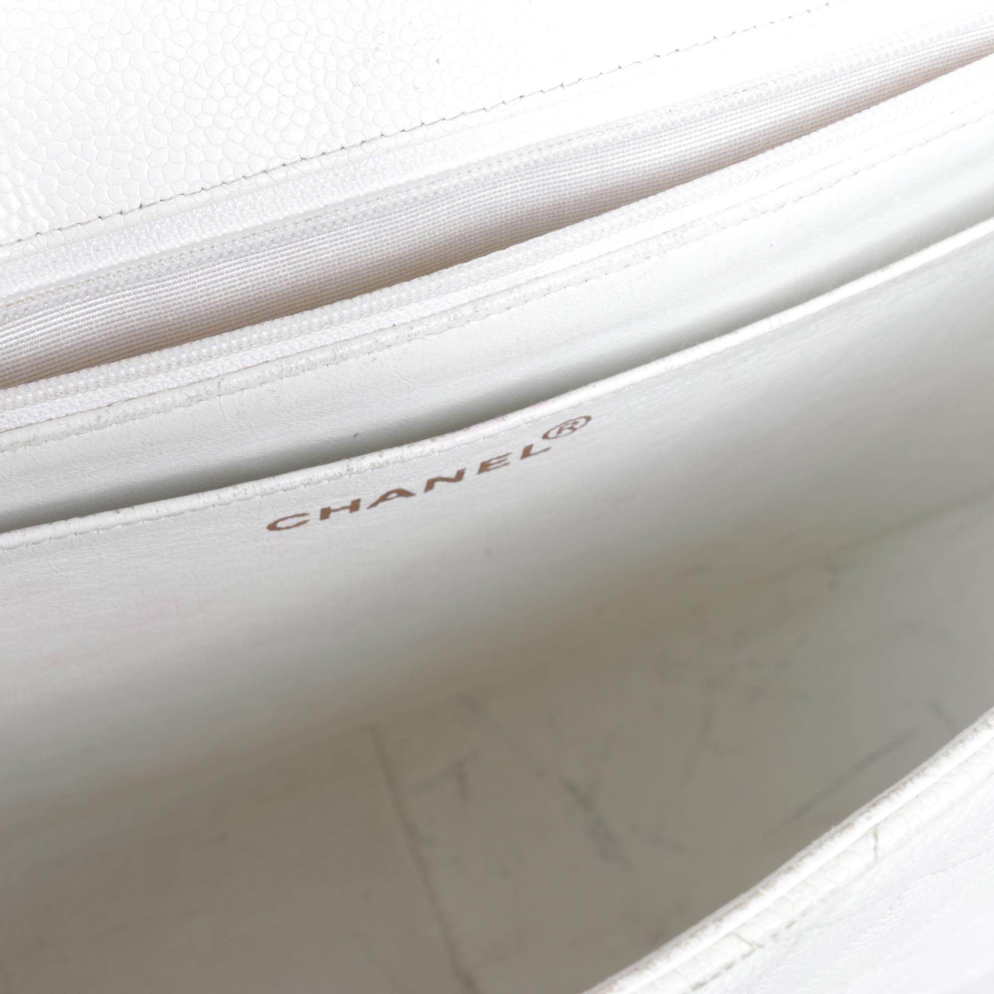 Chanel White Quilted Caviar Leather Classic Flap Shoulder Bag, 1997
