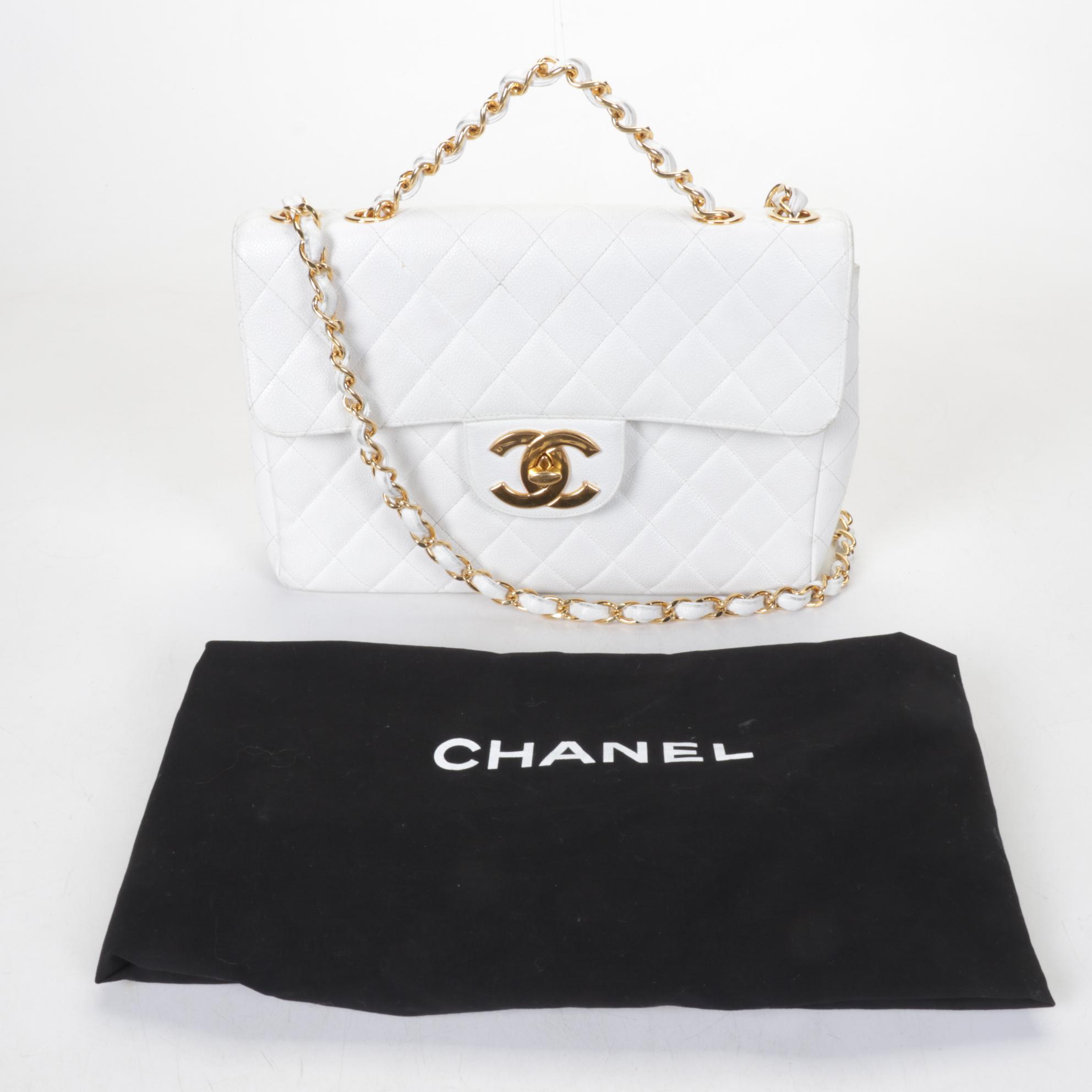 Chanel White Quilted Caviar Leather Classic Flap Shoulder Bag, 1997