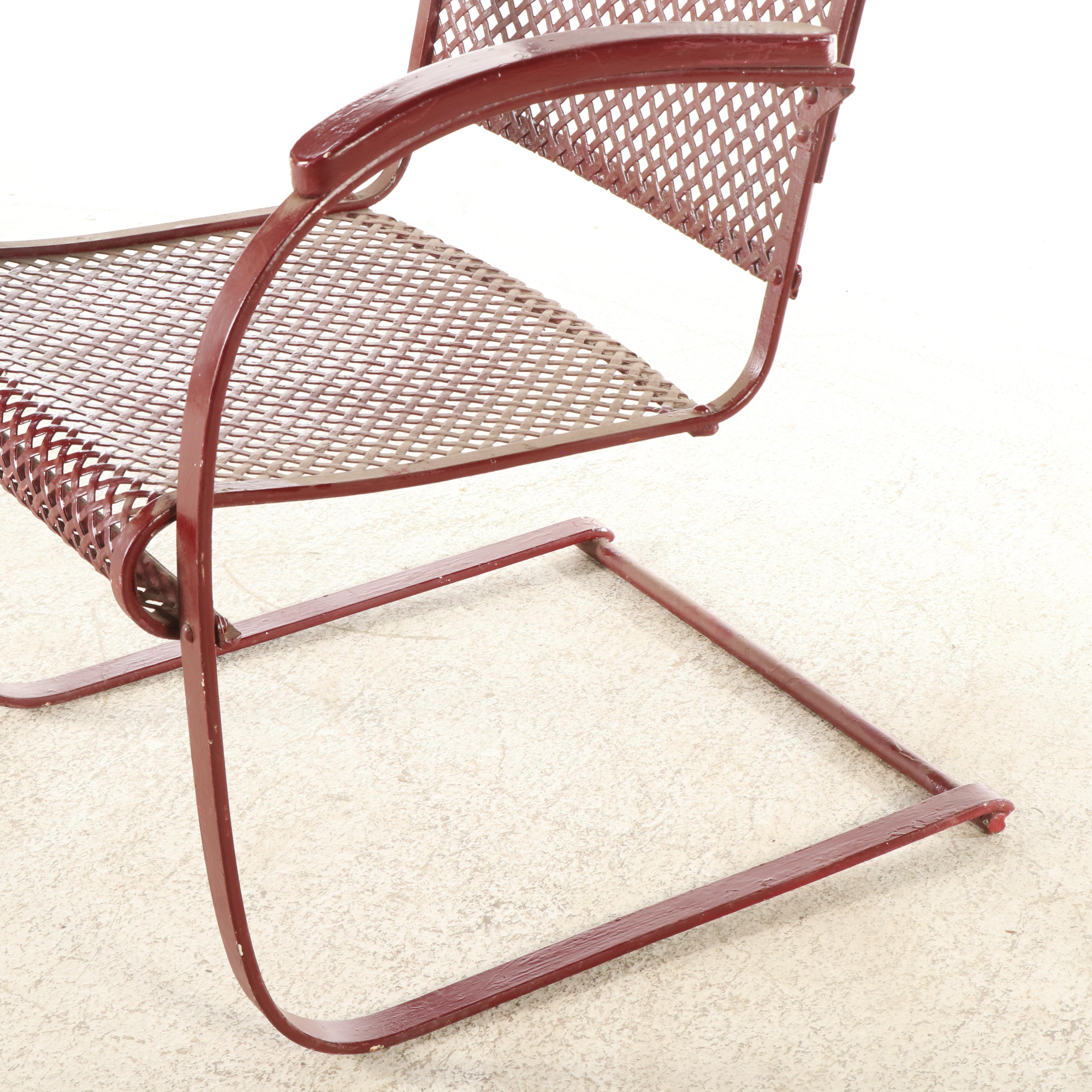 Mid Century Modern Red-Painted Iron Cantilvered Rocking Lawn Chair