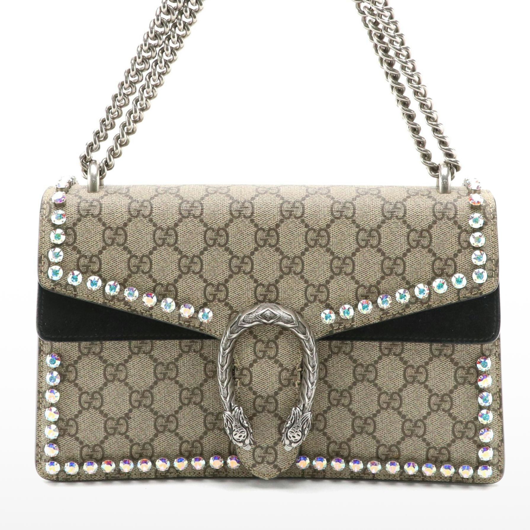 Gucci Crystal Studded Dionysus Bag in GG Supreme Coated Canvas and Black Suede