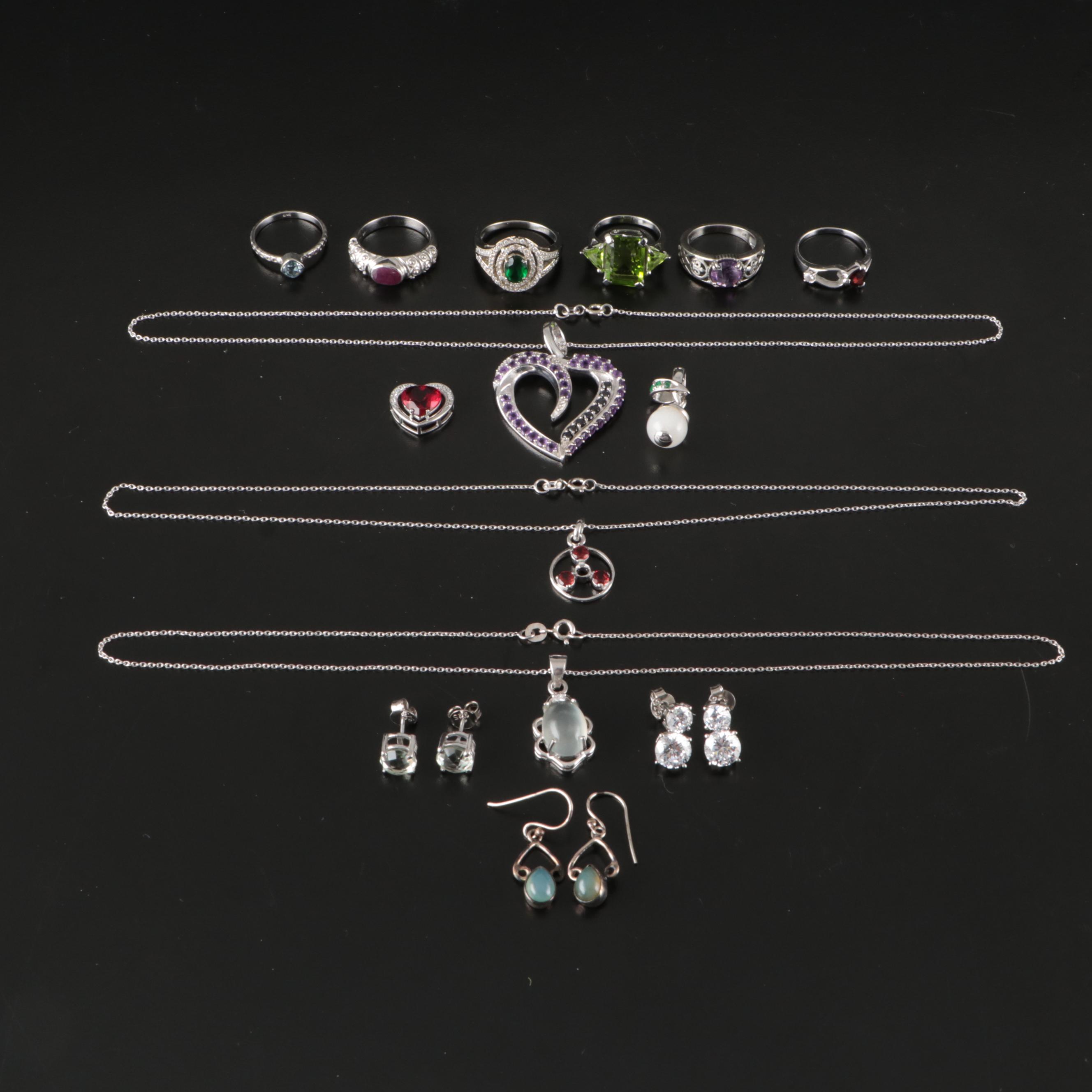 14 Assorted Sterling Silver Rings, Necklaces, Earrings, and Pendants