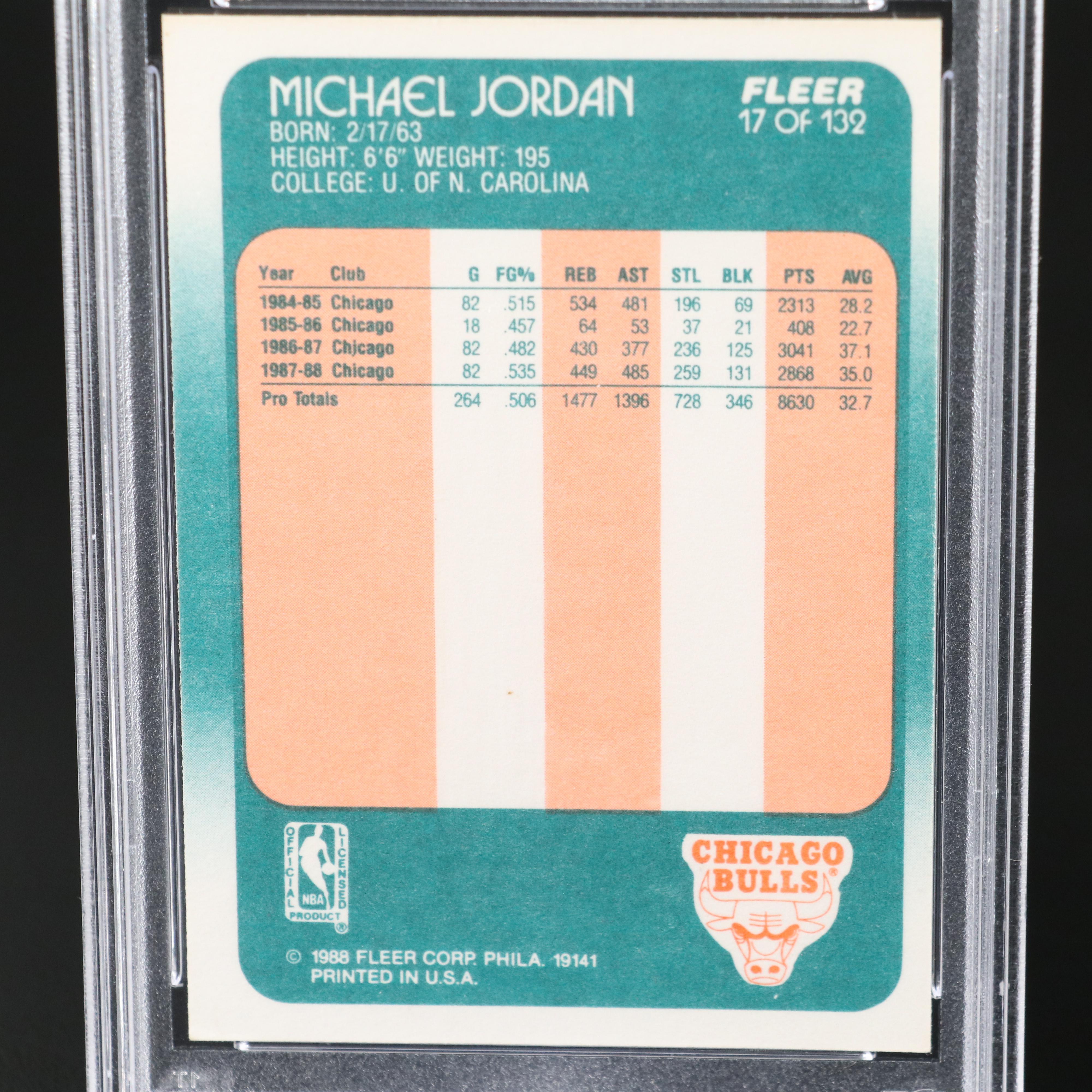 1988 Fleer Michael Jordan Chicago Bulls Basketball Card Graded PSA 7
